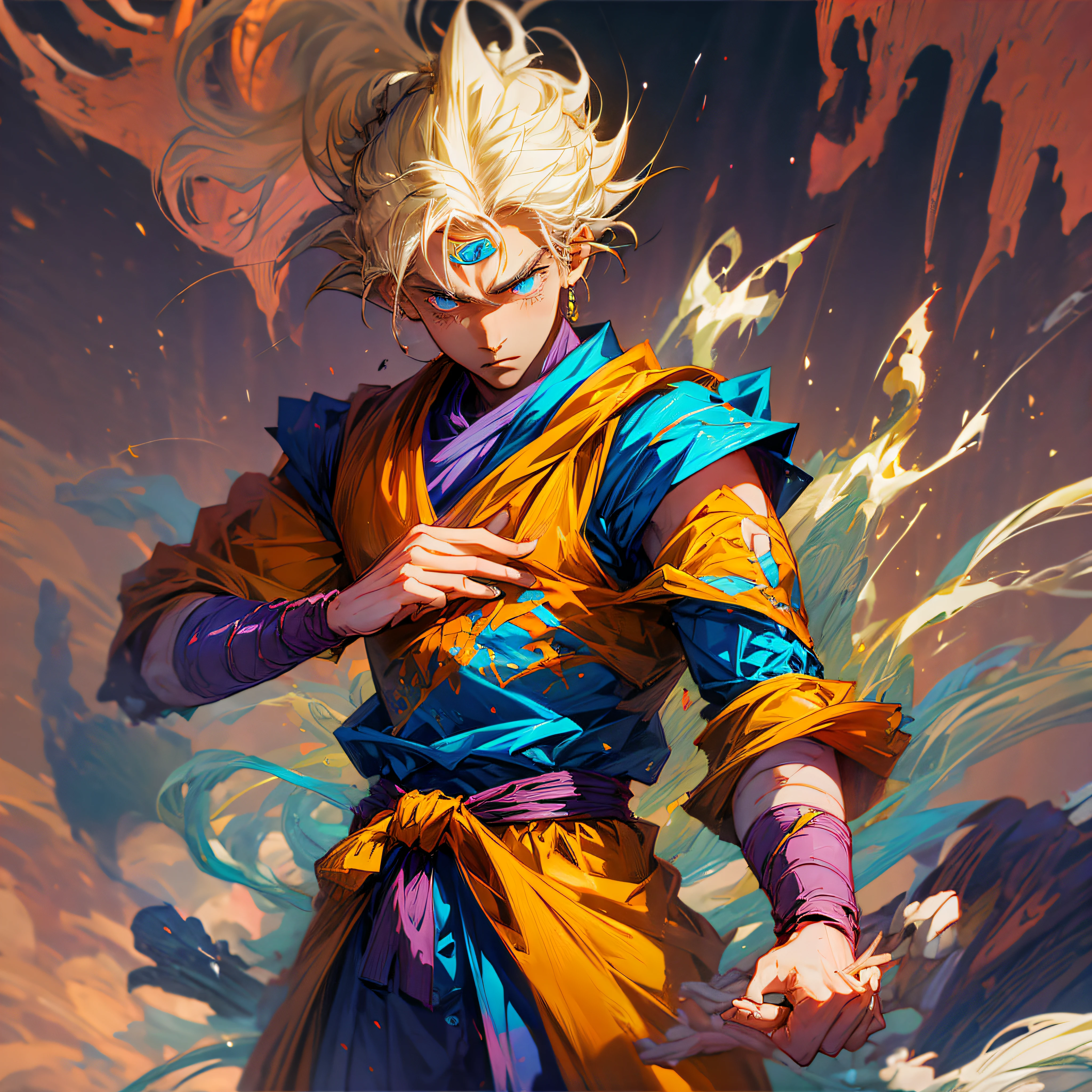 goku, fighting clothes, bleeding, akira toryama style, sleeve, blonde hair, blue eyes, yellow aura --auto --s2