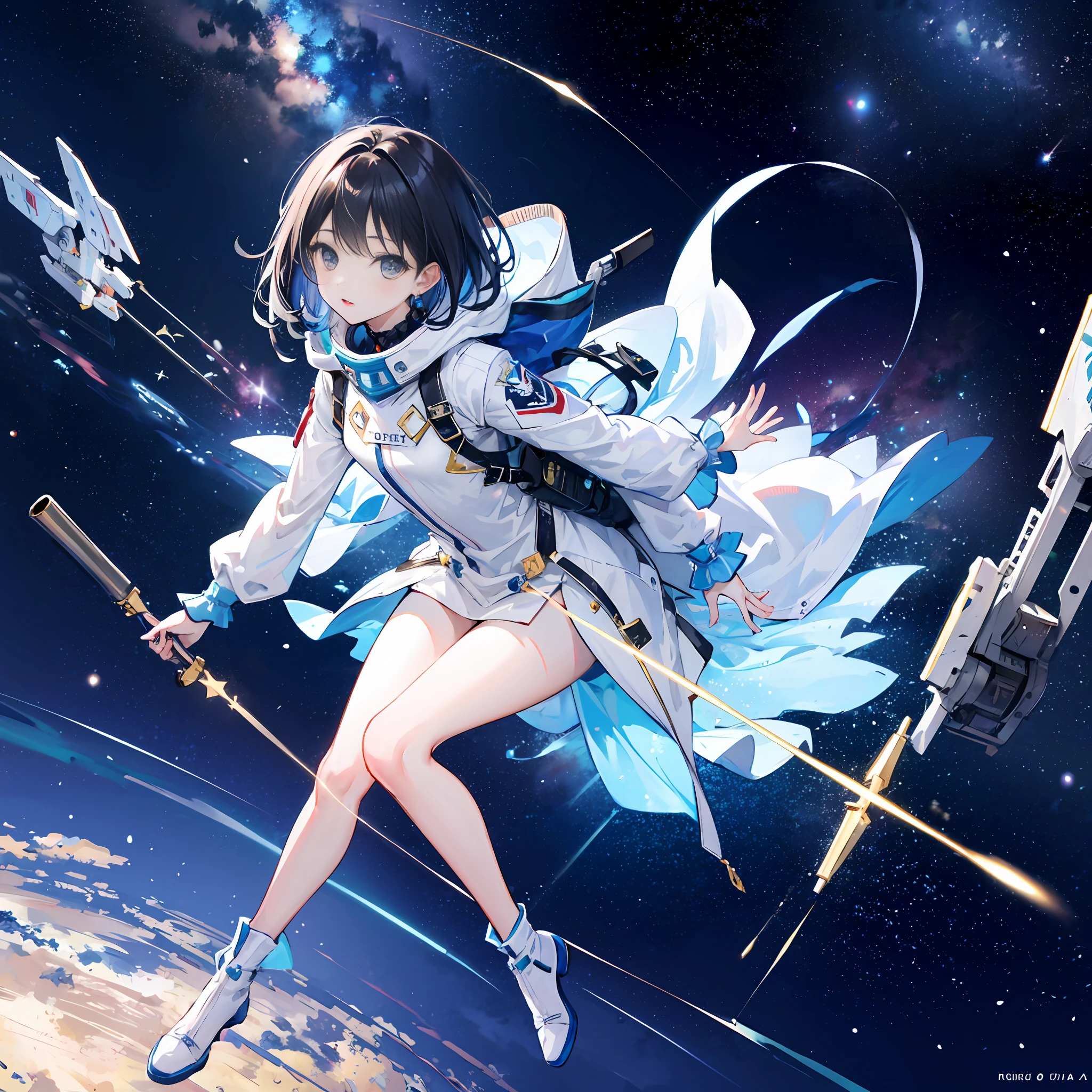 Masterpiece, (best lighting, very delicate and beautiful), (beautiful detailed face), (detailed eyes and detailed face: 1.2), highest quality, ultra-high resolution, ultra-luxury illustration, fantasy art, one girl, , slim full body, small, black hair, interstellar fighter like glass, dynamic angle, long shot, many space battleships, space war, interstellar war, Beams, colorful rays, explosions, stars and galaxies with lights in the air