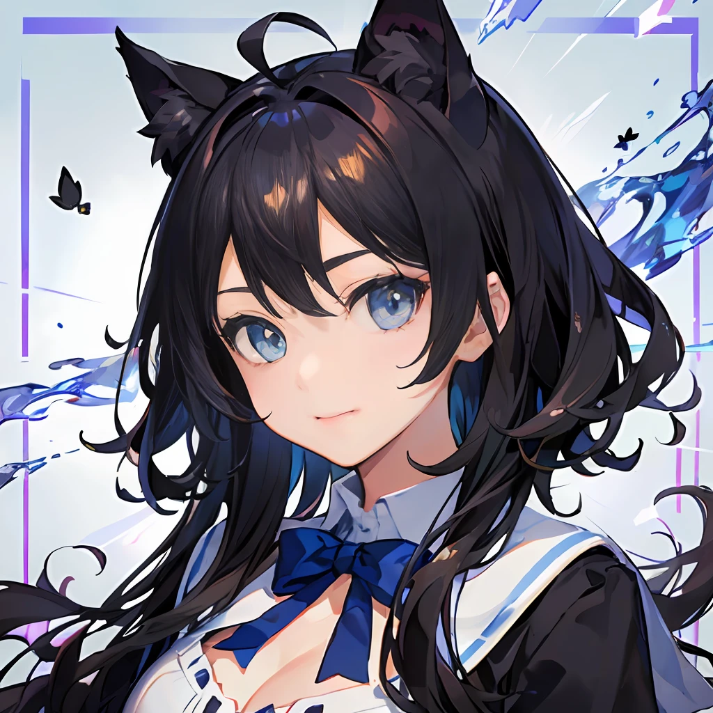 ((best qualiy))、((The Masterpiece))、((ultra definition))、(illutstration)、(Fine light)、(Extremely delicate and beautiful)、(((独奏)))、(((Beautiful high girl) )))、((best quality, high_resolution, distinct_image)),(Black hair), (black cat ears), (ahoge), (absurdly short hair), (wavy hair), (blue eyes),