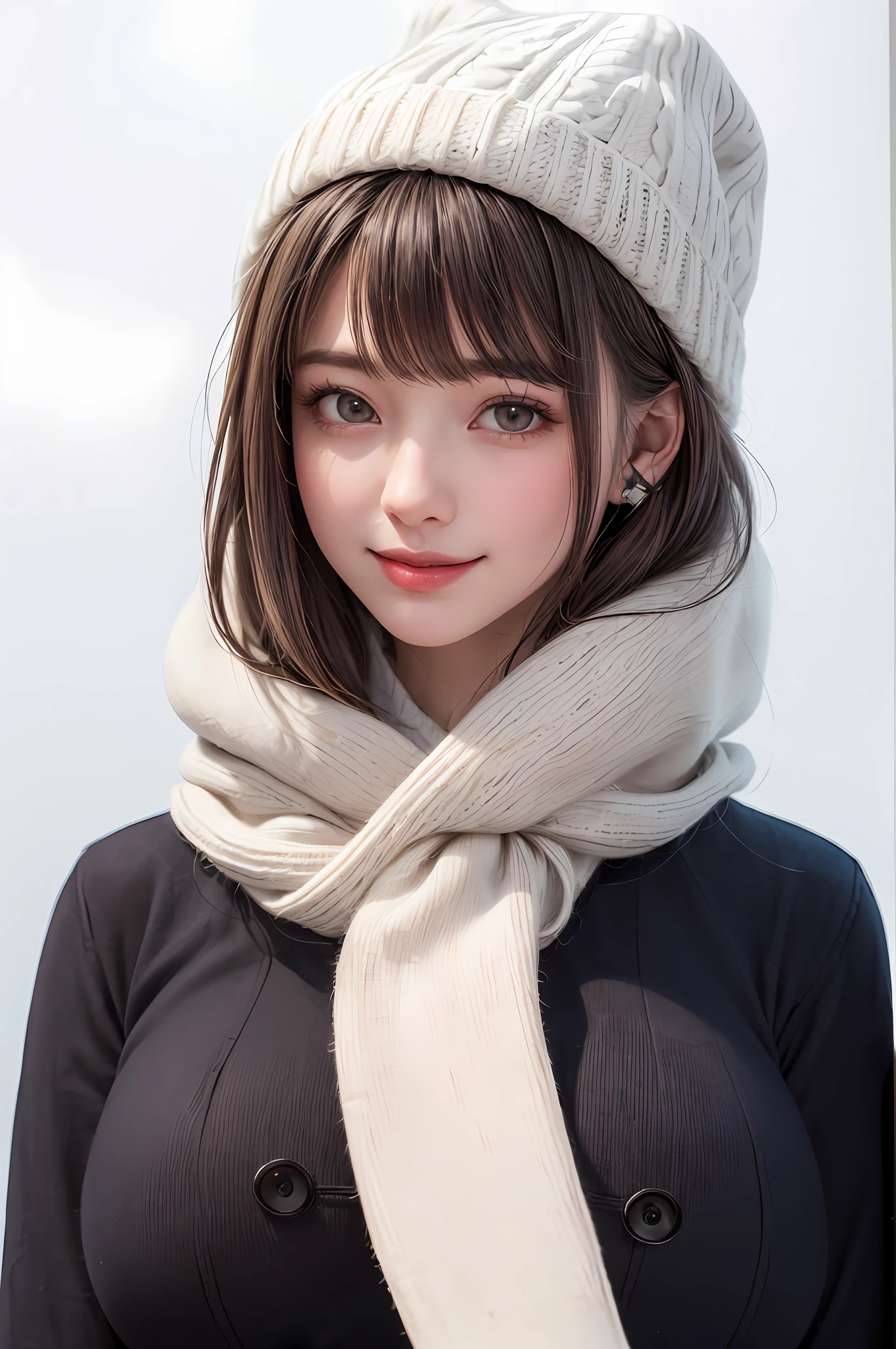 (masterpiece, best quality),1 girl, solo, black hair, scarf, hat, real, real, look at viewer, light colored black eyes, short hair, brown coat, winter clothes, white scarf, lips, bangs, outdoors, closed mouth, upper body, big eyes, eyelashes, (((really nothing background, really pure white background)), (short hair with bangs, big eyes, big breasts, staring at the viewer, beautiful beauty, Ears out, long neck, smile a little, close your mouth and smile))),