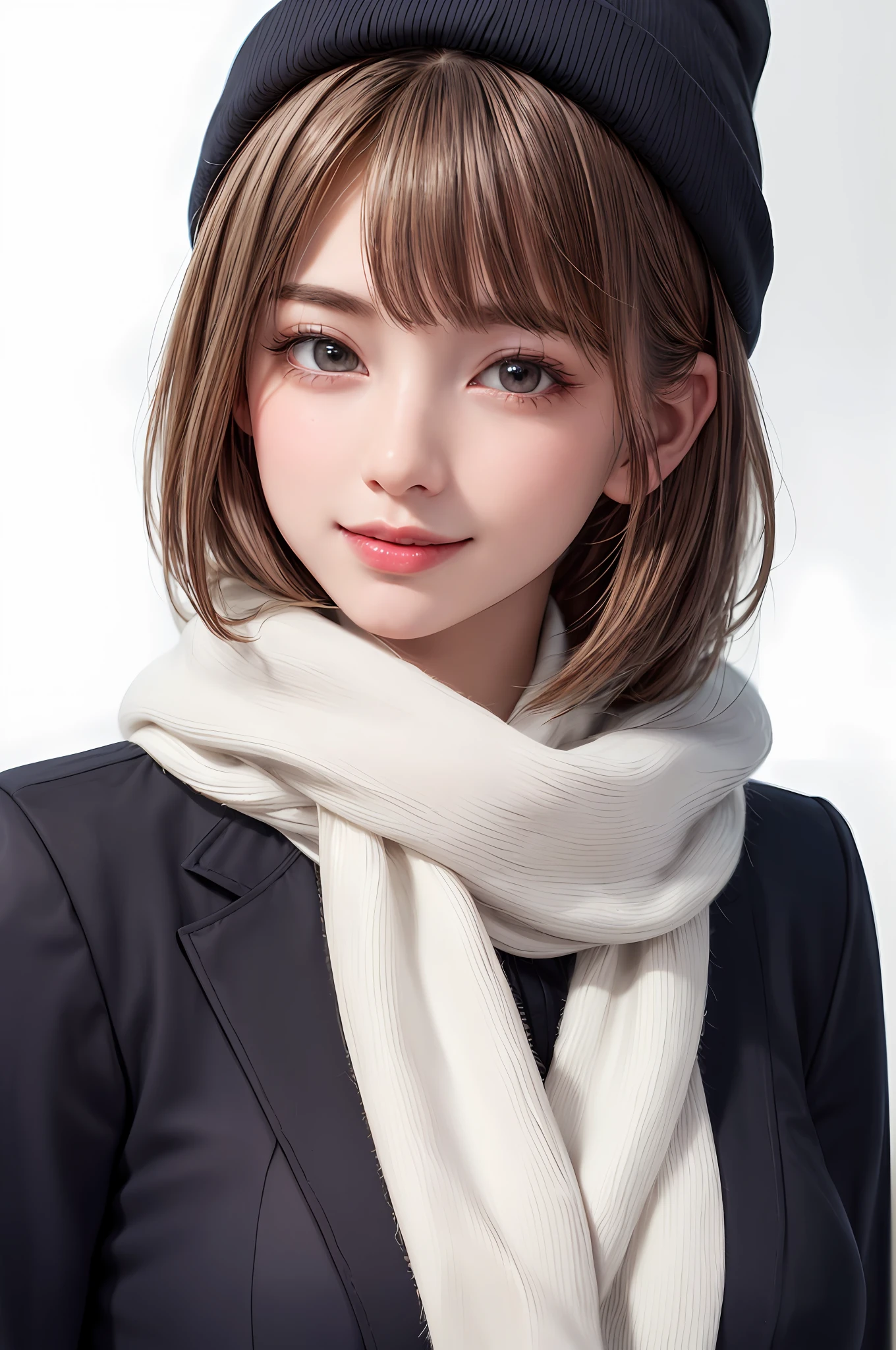 (masterpiece, best quality),1 girl, solo, black hair, scarf, hat, real, real, look at viewer, light colored black eyes, short hair, brown coat, winter clothes, white scarf, lips, bangs, outdoors, closed mouth, upper body, big eyes, eyelashes, (((really nothing background, really pure white background)), (short hair with bangs, big eyes, big breasts, staring at the viewer, beautiful beauty, Ears out, long neck, smile a little, close your mouth and smile))),