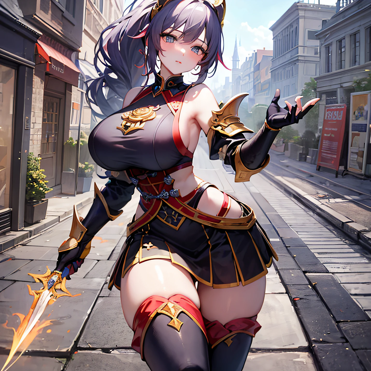 Peerless beauty,Perfect slim body,Mature royal sister face,Double ponytail curls,Knight armor,Sexy and seductive,Nice face,Full body like,4K quality,Feminine expression,Blush shyness,Star-like deep eyes,Huge breasts,short miko skirt,Knife pulling posture。Overflowing bust,Fight Warcraft,speed lines,the best quality t,master-piece,Magnificent background,On the battlefield,Clothes are broken