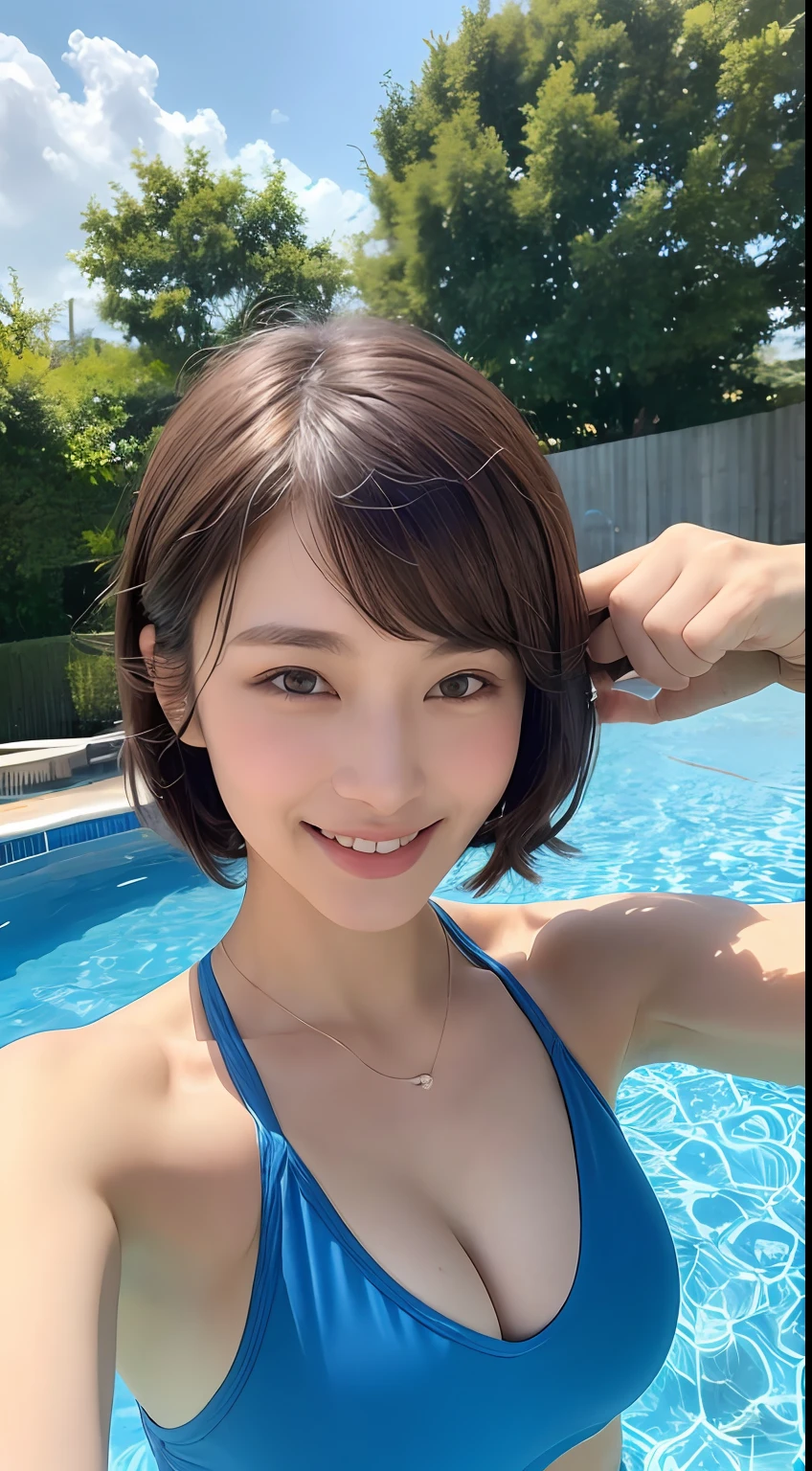 ((Best Quality, 8K, Masterpiece: 1.3)), 1 Girl, Slim Abs Beauty: 1.3, (Hairstyle Brown Hair Shortcut, Big: 1.2), Swimsuit: 1.1, Super Slender Face, Delicate Eyes, Double Eyelids, Smile, Pool, Raw Photo