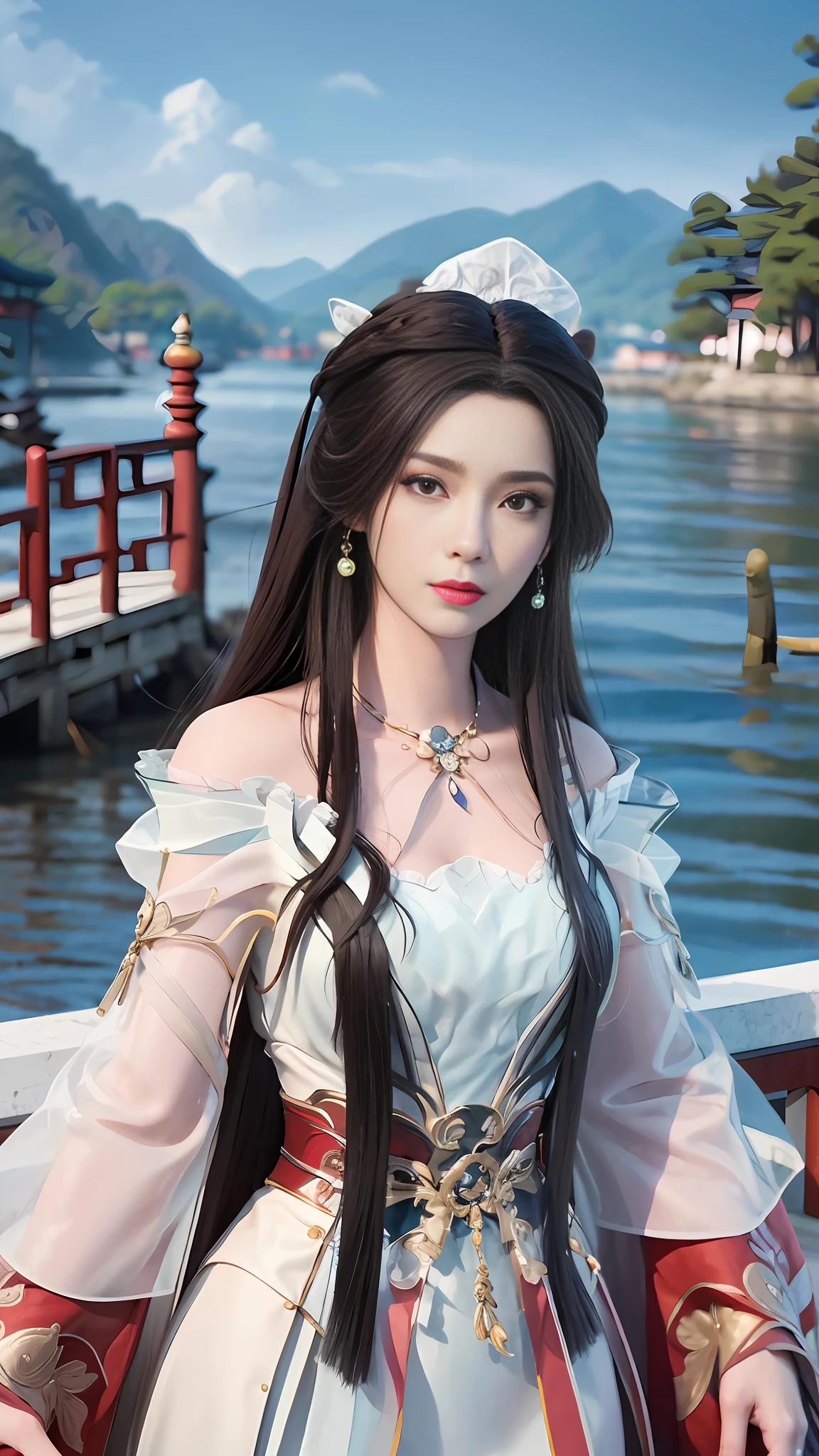 (Best Quality: 1.3, Masterpiece: 1.3), Ultra HD, (1girl, solo), atmospheric perspective, fine face, upper body, makeup, pink lips, cleft lips, shiny skin, (brown hair), extra long hair, looking in front of the audience, red eyes, earrings, small breasts, slim figure, (white silk), (((East Asian architecture, riverside, beautiful background))), perfect lighting, (frontal lighting), physical base rendering,