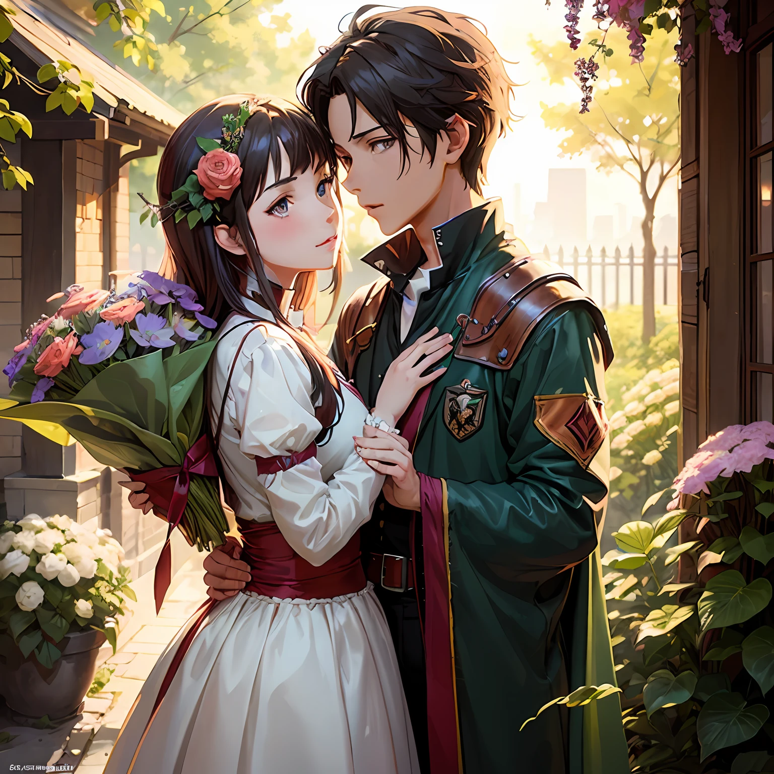 anime couple dressed in medieval clothing posing for a picture, sakimichan and frank franzzeta, artwork in the style of guweiz, WLOP and Sakimichan, frank franzzeta and sakimichan, sakimichan frank franzzeta, makoto shinkai and tom bagshaw, romance novel cover