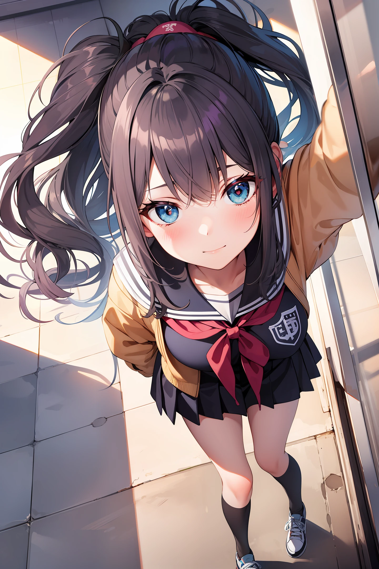 Anime girl with long hair and blue eyes standing in front of a door ...