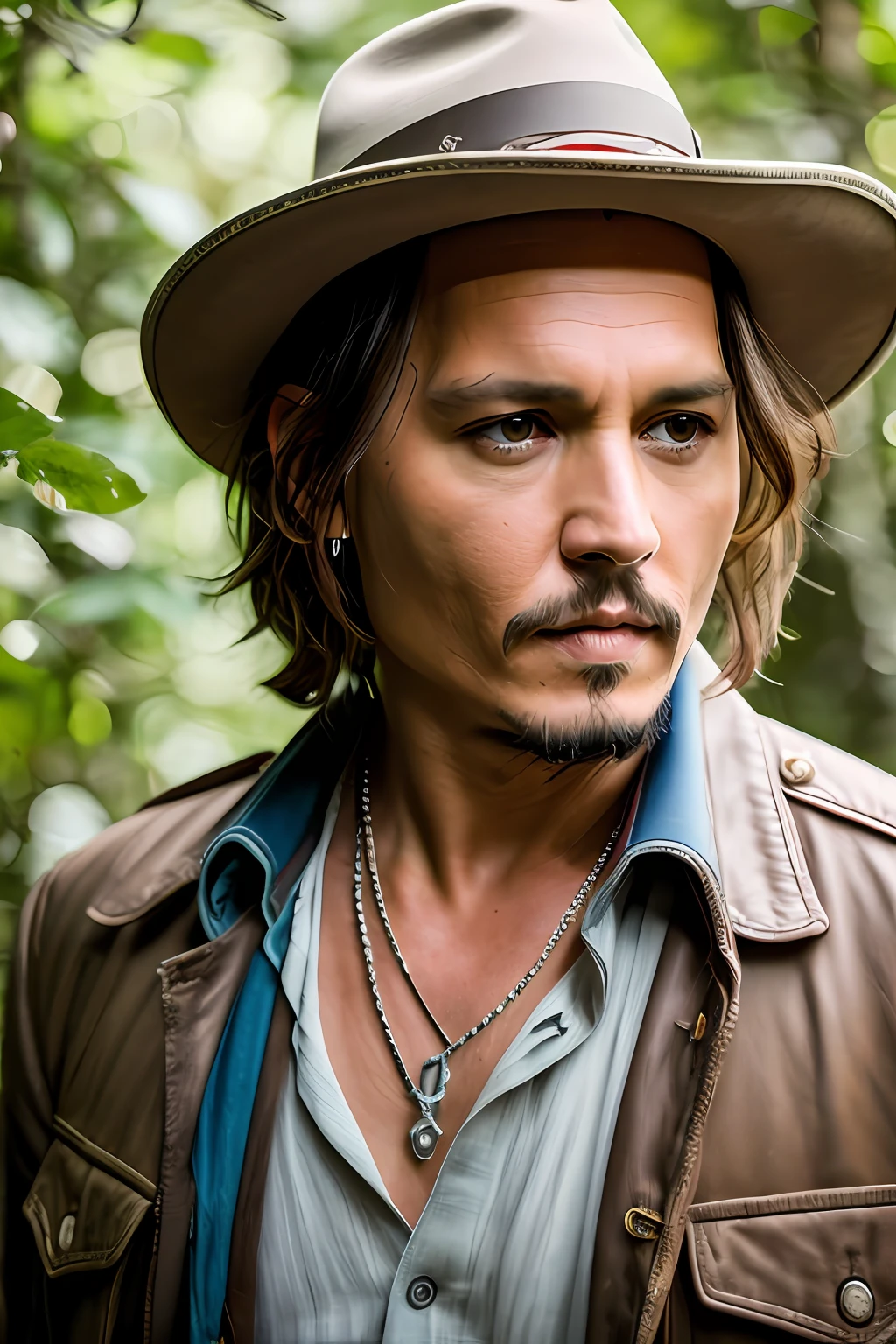 masterpiece, johnny depp walking through the jungle (night among fireflies), (high detail:1 1), rough face, natural skin, high quality, nsfw, beautiful eyes, (detailed face and eyes), (face: 1 2), noise, extra, real photo, PSD, lamp film photography, sharp focus, contrast lighting, detailed skin, high resolution 8k, crazy detail, realistic, professional photography, 8k UHD, SLR camera, soft lighting, high quality, film grain, Fujifilm XT3