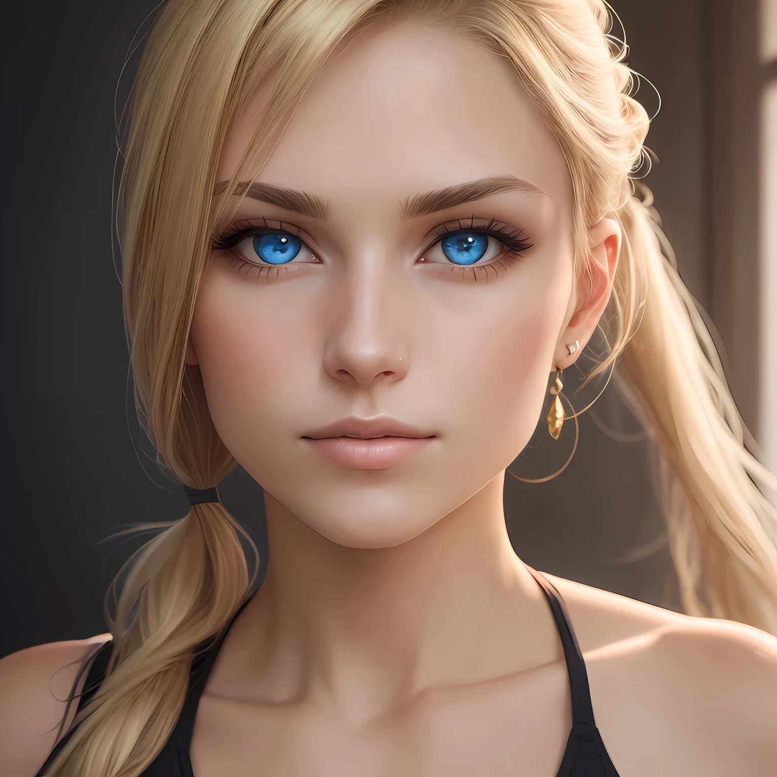 "a perfectly lit frontal close-up portrait of a 28-year-old blonde girl with a ponytail, blue eyes."