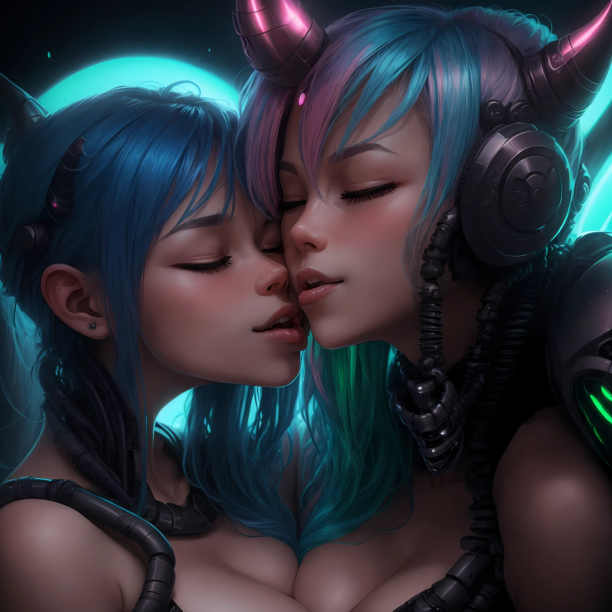 hrgiger, sitting female , biomechanical, absurdres, 2girls, alien humanoid, horns, long ears,bright blue and green skin, ,yuri, lesbian,, breasts,, ass,, kissing with tongues, blushing, smile, cinematic lighting, ethereal, pastel pink hair color, kissing, licking each other, exploring each others mouth, eyes closed focused on each other, drool coming out of mouth, embracing each other, kissing deeply with passion, french kissing, seductive pose --auto