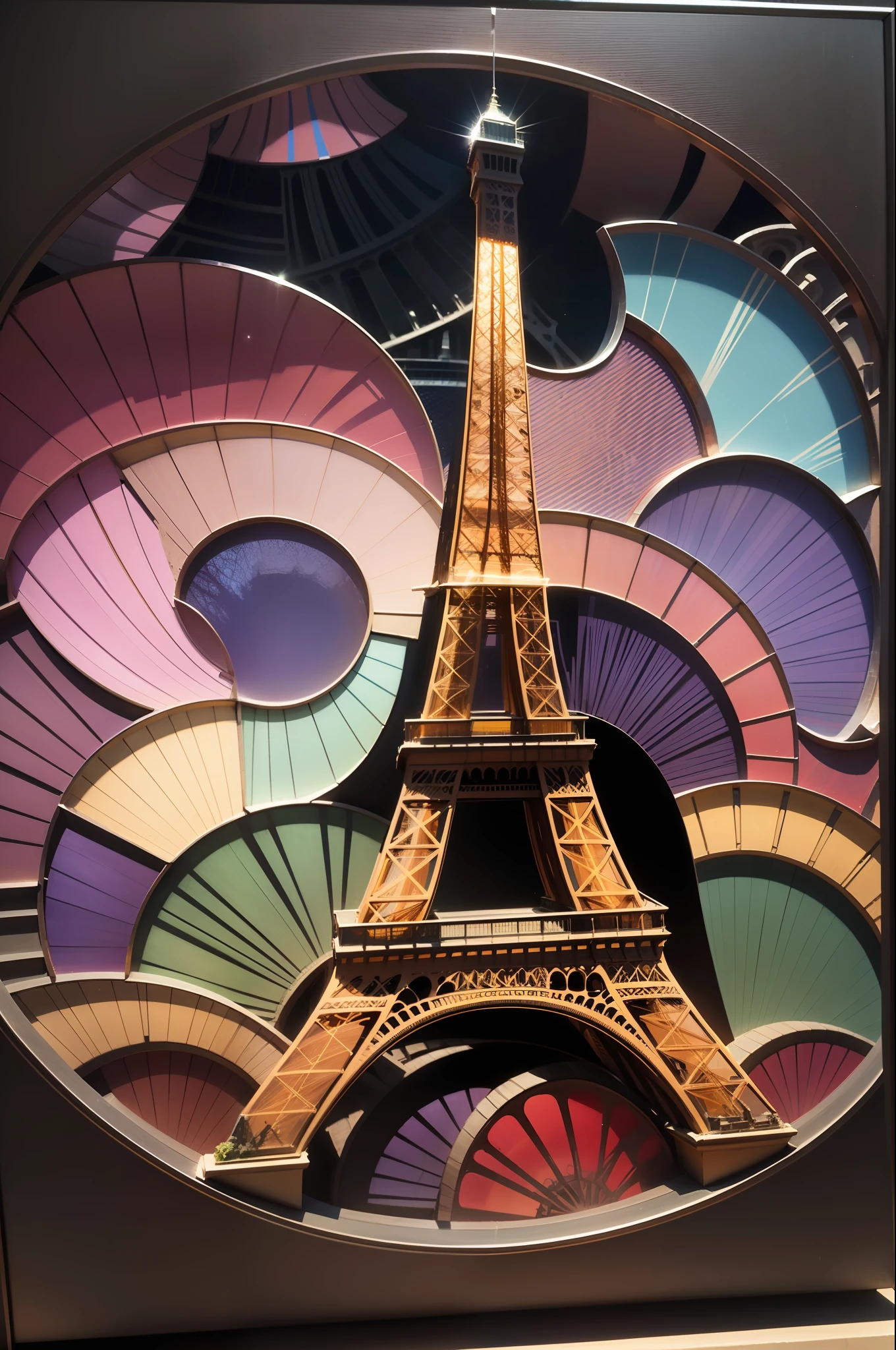 stained 3d glass art:: of Eiffel tower, circular format, black background --auto --s2