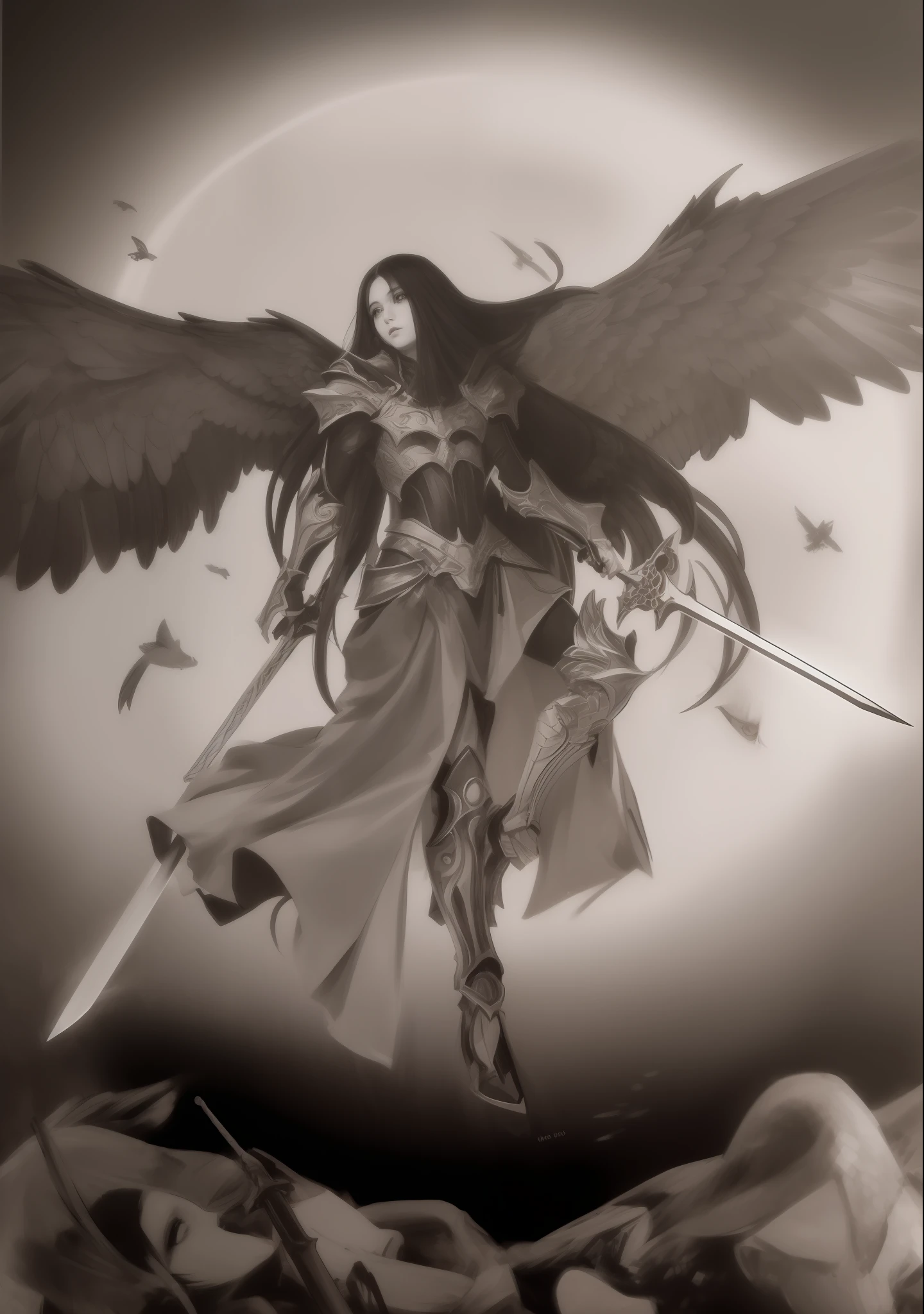 drawing of a woman with wings and a sword in the sky, anjo escuro, O Anjo da Morte, arcanjo, angel knight gothic girl, anjo da morte, Retrato do Anjo da Morte, menina do cavaleiro do anjo, arte escura altamente detalhada, Arcanjo Miguel, dark angel of coffee, por Yang J, pencil and ink manga drawing, necessidade humana anjo da morte