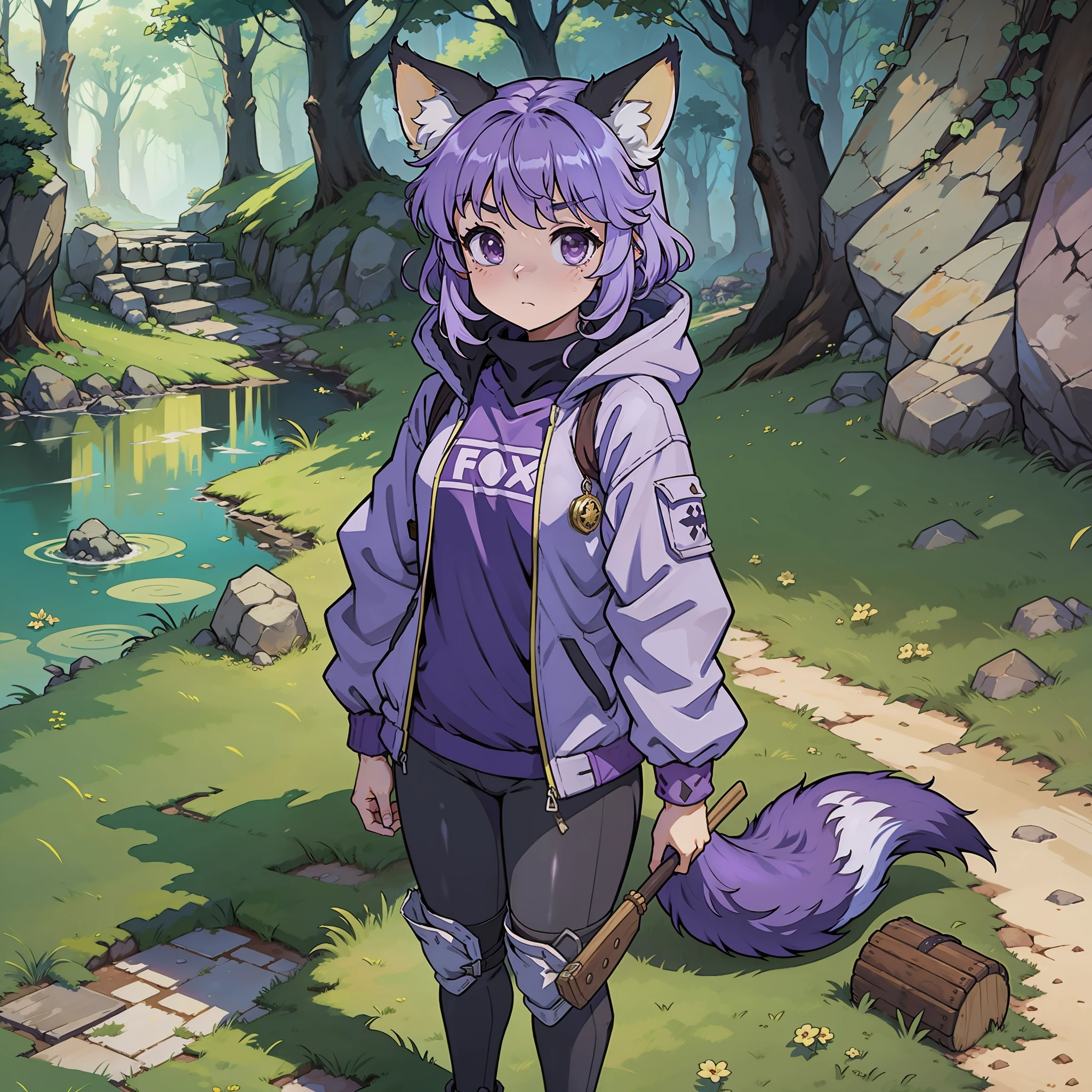 Fox ears、Fox tail、Purple hair、長髪、parka、foodie、jersey、gymnastic suit、Standing Picture、short、li，full bodied、Fantasy background、towns、((full bodied))、((The Masterpiece))、((Anime filling))、anime character、Moe Character