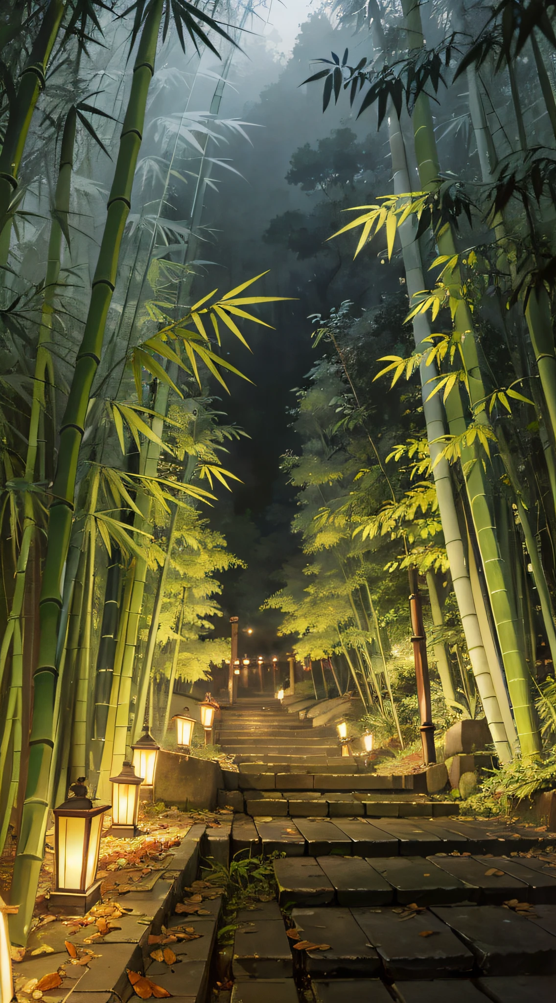 absurd,high res,ultra- detailed,dusk,bamboo forest,Fallen leaves,Tsing Yi,Pick the lights,Back