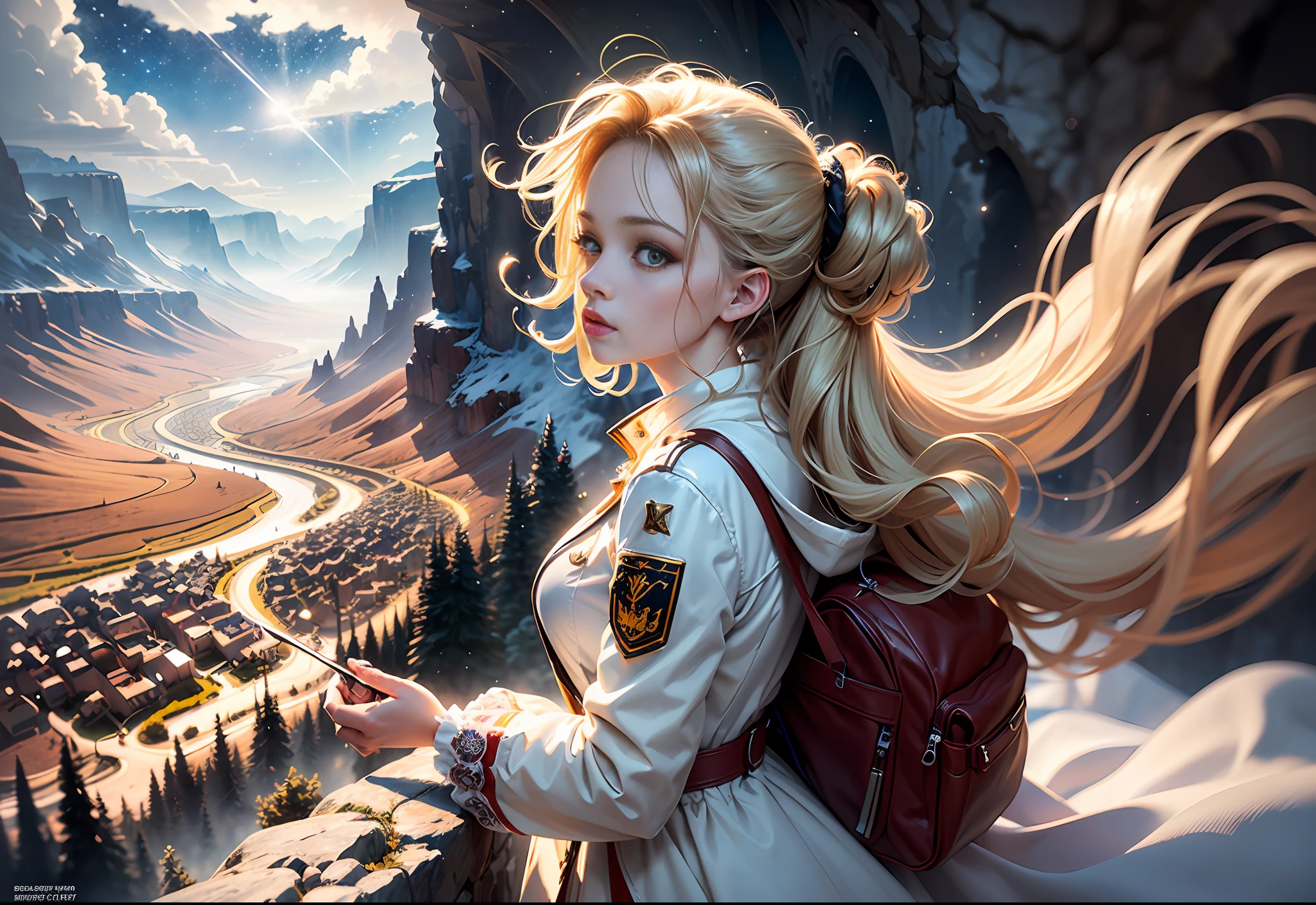 (award winning 64k concept art:1.3) of (young woman looking up standing over the valley:1.2), close to camera, in white coat, sweet, front, epic, god rays, (masterpiece:1.4), (best quality:1.4), Amazing, highly detailed, beautiful, finely detailed, warm soft color grading, (Depth of field:1.4), extremely detailed 64k, fine art, (valley in the background), stunning, (light reflections:1.2), (crisp:1.6), gold short curls, winter, vibrant, starry sky, (edge detection:1.4), absurdres, impressive, 120mm, extremely clear, lens flare, motion lines, symmetrical clothes, wide shot, wide angle