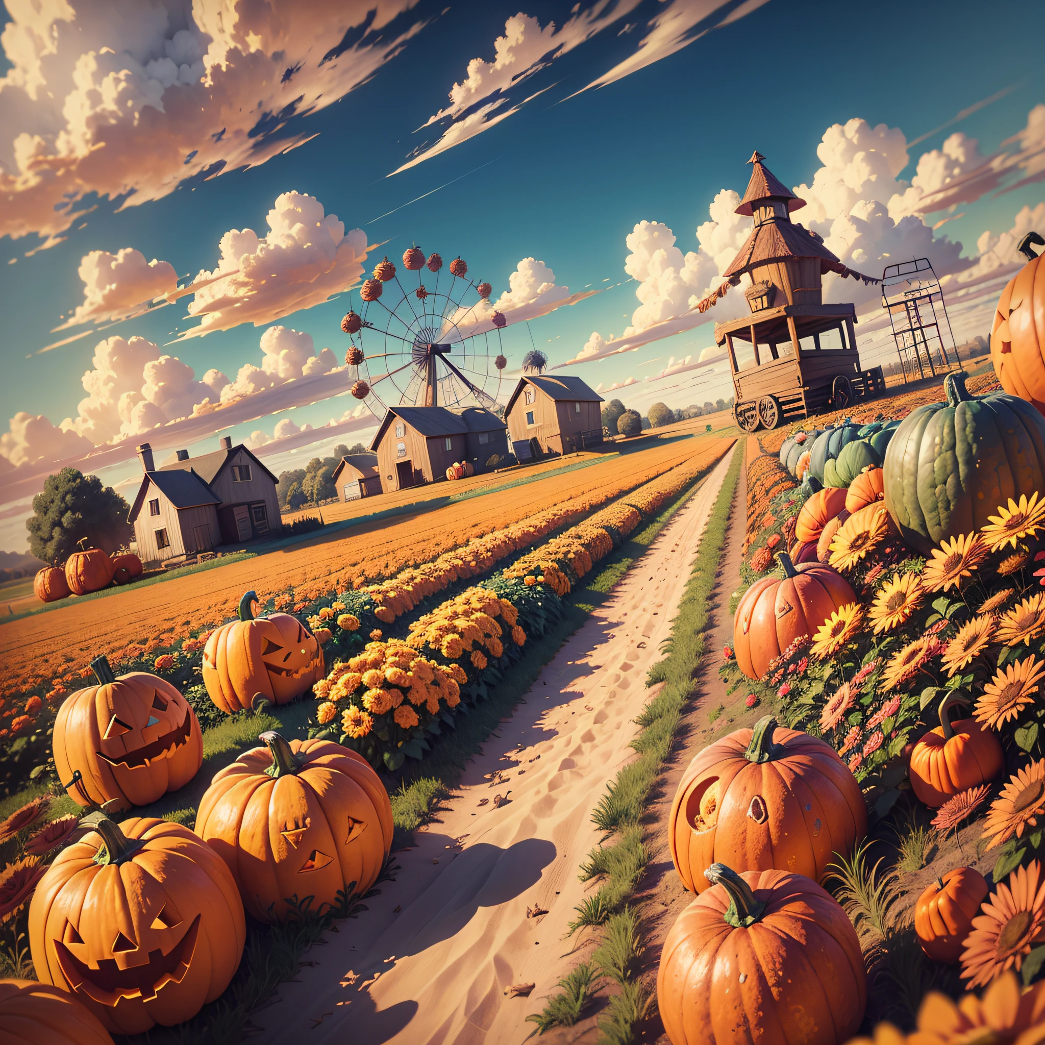 "Pumpkin Patch": A whimsical scene featuring a vibrant pumpkin patch with rows of pumpkins in different shapes and sizes, surrounded by cheerful scarecrows, perfect for a t-shirt design celebrating the fall harvest and Halloween, Ultra realism, color field printing, high detail, UHD, 8k, anatomically correct, cinematic lighting 4d quality --auto --s2