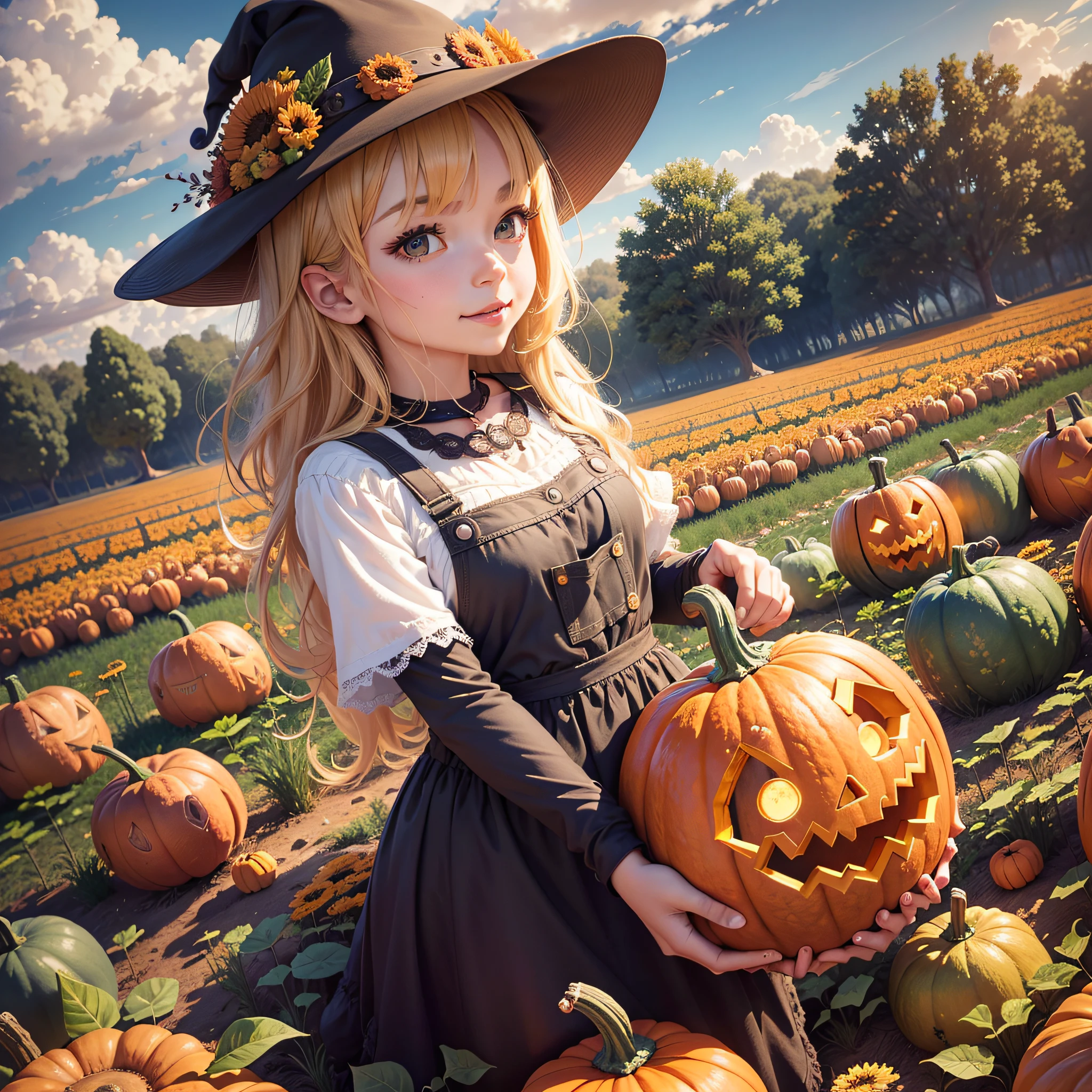 "Pumpkin Patch": A whimsical scene featuring a vibrant pumpkin patch with rows of pumpkins in different shapes and sizes, surrounded by cheerful scarecrows, perfect for a t-shirt design celebrating the fall harvest and Halloween, Ultra realism, color field printing, high detail, UHD, 8k, anatomically correct, cinematic lighting 4d quality --auto --s2