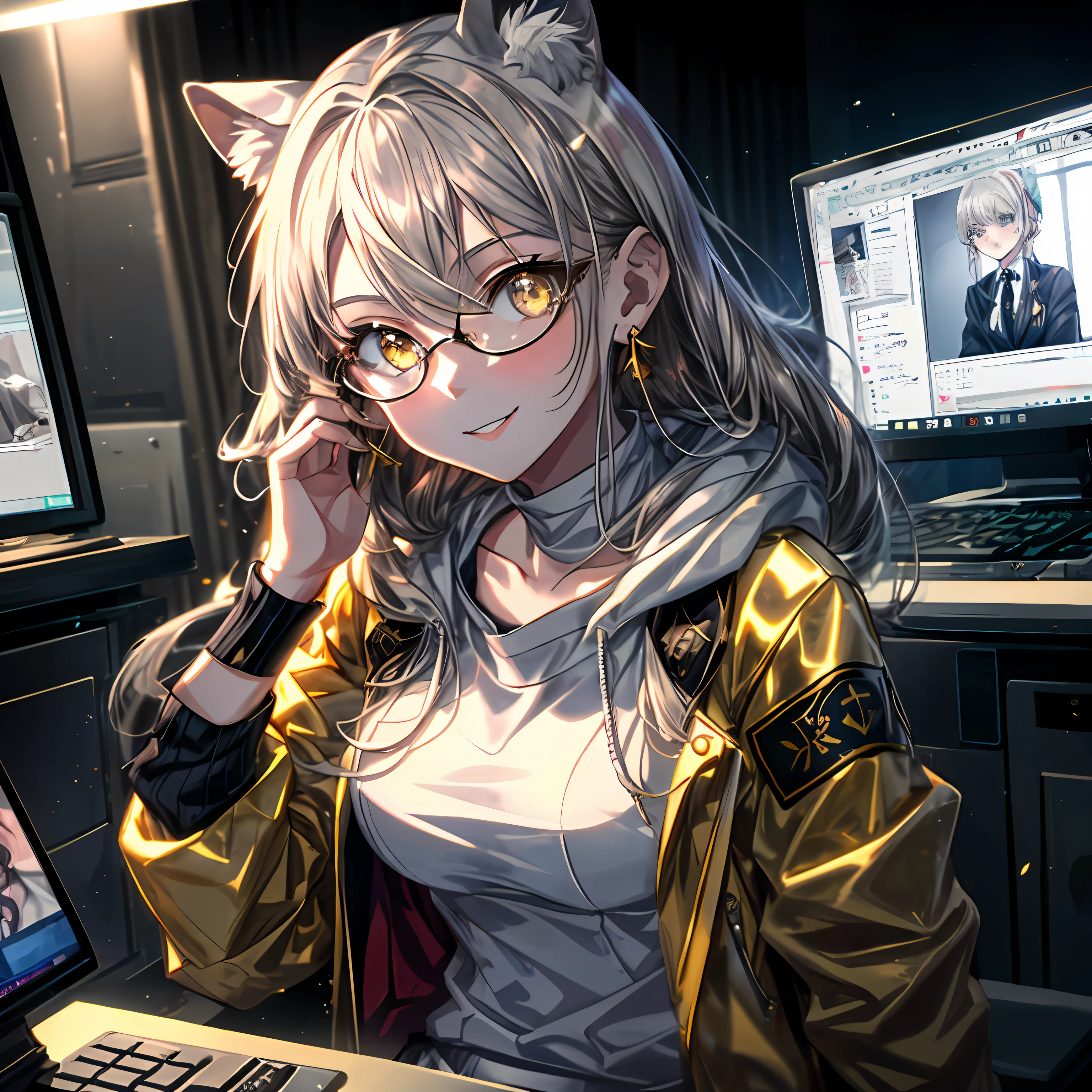 1girls, 独奏(headw(brown long hair,beautiful golden eyes,eye glass,Naughty smile,earpiece),(mediuml breasts,thin waists,little muscle),outfits(Jacket with white and yellow hoodie,white pantie),Location(sitting in chair,Look at the computer screen)), backgrounds((((dark chamber,Funeral shops,coff))))), scherenschnitte, Side angle, Volumetric light, tinta, best qulity, The Masterpiece, Ultra Verbose, Cutes, Yandere, 8K, 4K, 2K