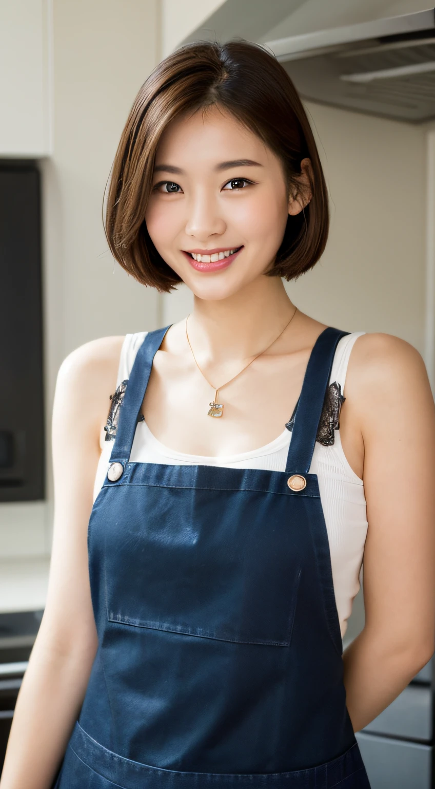 (Best quality, 8k, masterpiece: 1.3), a beautiful woman with perfect figure: 1.4, dark brown hair, wearing a pendant, wearing an apron, in the kitchen, highly detailed face and skin, detailed eyes, double eyelids, big breasts, smile