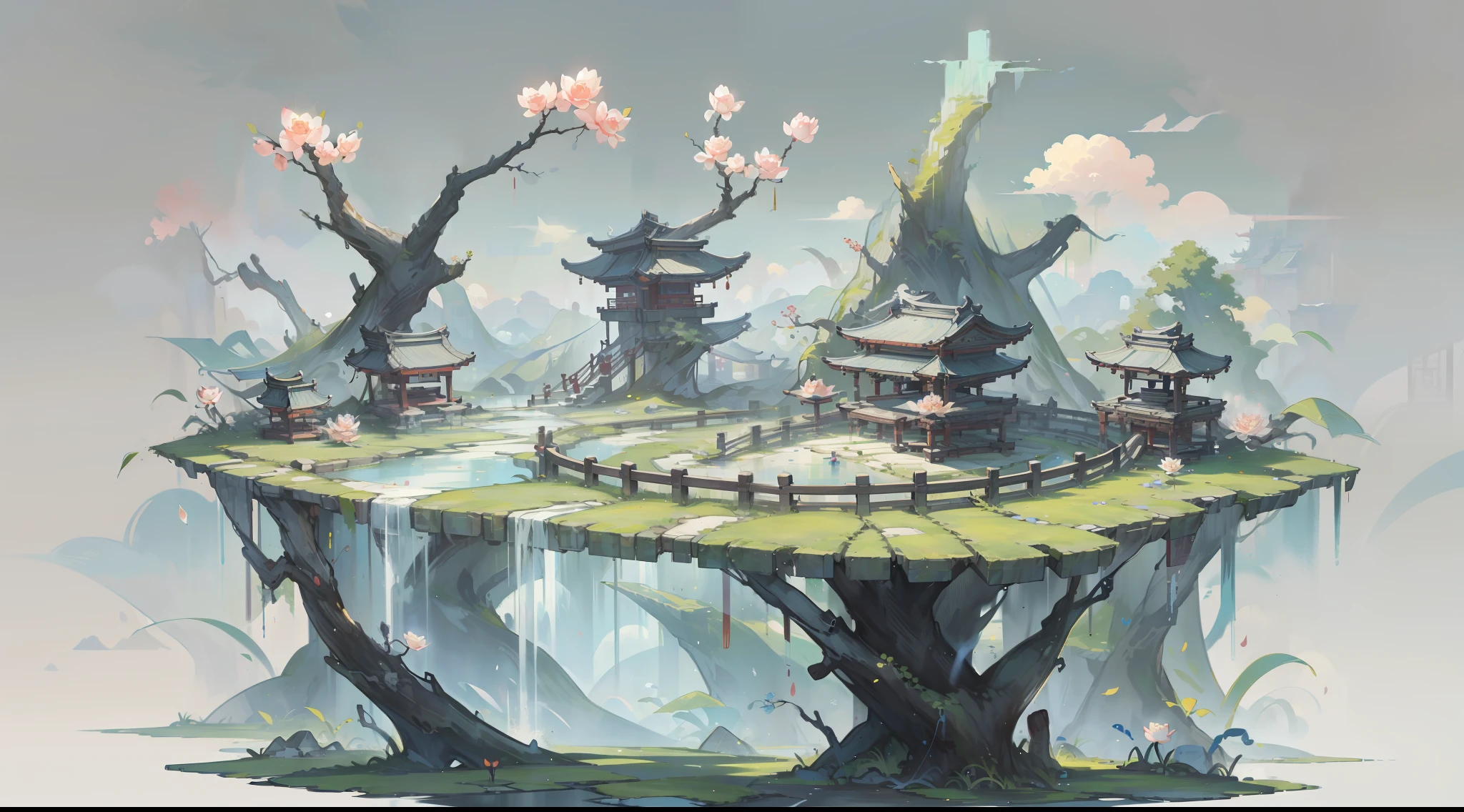 Antique game scene design,florals,Cloud,A blue sky,Lotus levitation table,Unbridled fantasies,Chinese ink painting OC rendering sculpture