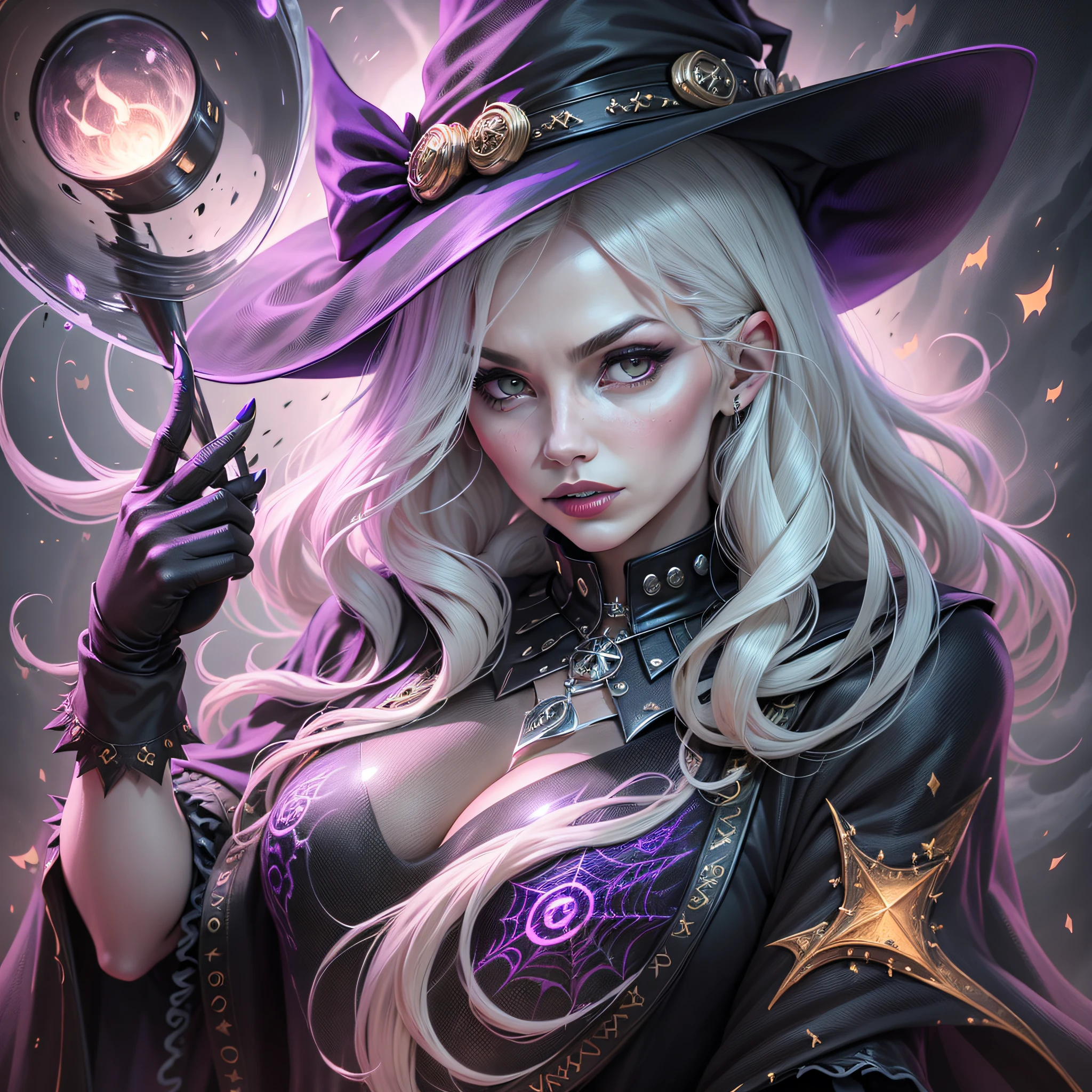 "Witchy Vibes": A stylish and trendy image showcasing a fashionable witch with a pointed hat, flowing cape, and broomstick, incorporating mystical elements and enchanting typography for a chic Halloween-themed t-shirt, Ultra realism, color field printing, high detail, UHD, 8k, anatomically correct, cinematic lighting 4d quality --auto --s2