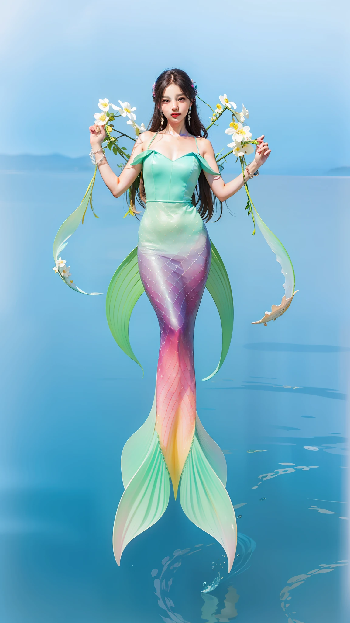1girl, mermaid, floral-nature vibes, gradient color dress