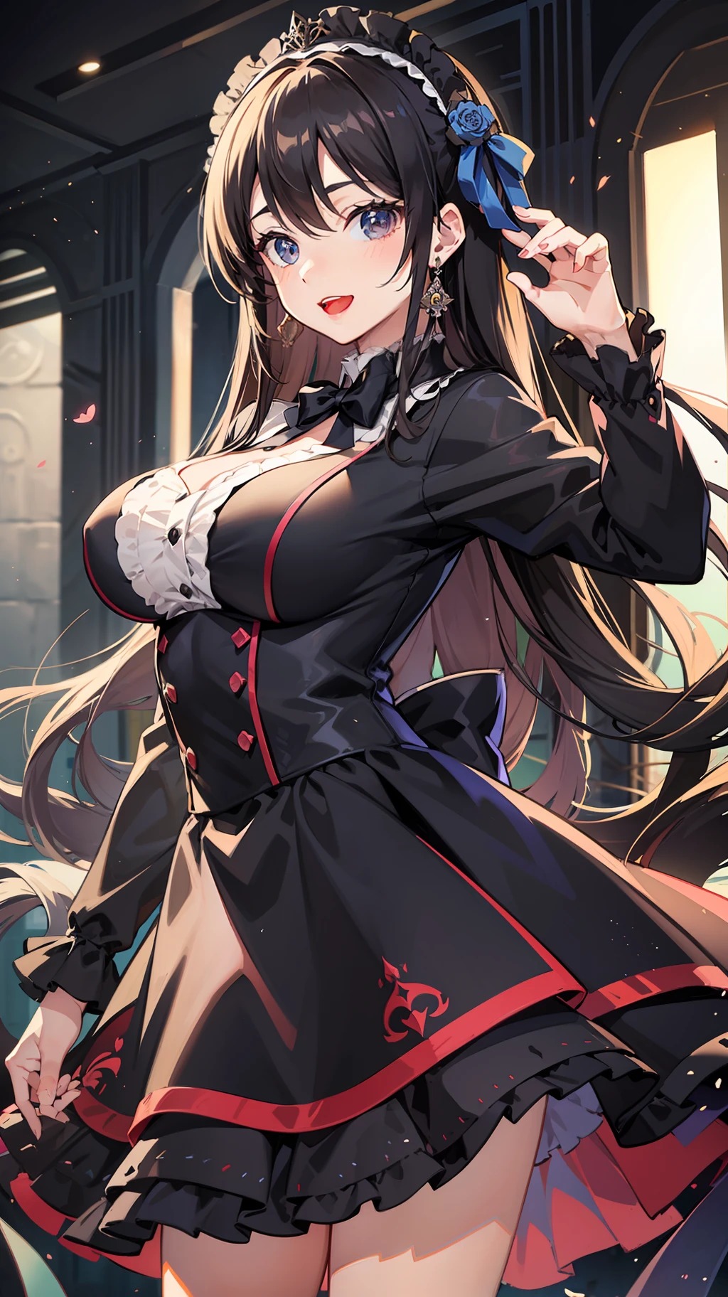 three women on stage,skirts,Gothic lolita,Idol costumes,Dancing,titts,tall of a person,short of a person,Cute face,slant eyes,drooping eyes,Thin eyebrows,Open mouth,Smiling,Medium hair,Semi-Long Hair,Long hair,Straight Hair,Wave Hair,indoor,Anime Style,masterpiece, extremely fine and beautiful,illustration