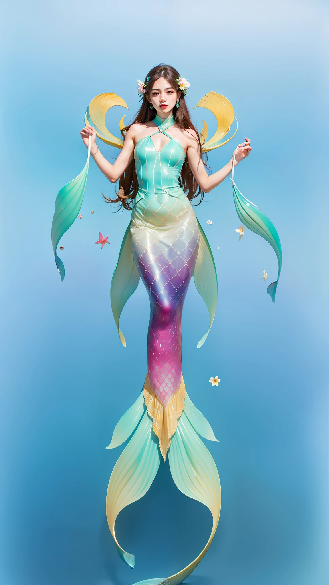 1girl, mermaid, floral-nature vibes, gradient color dress