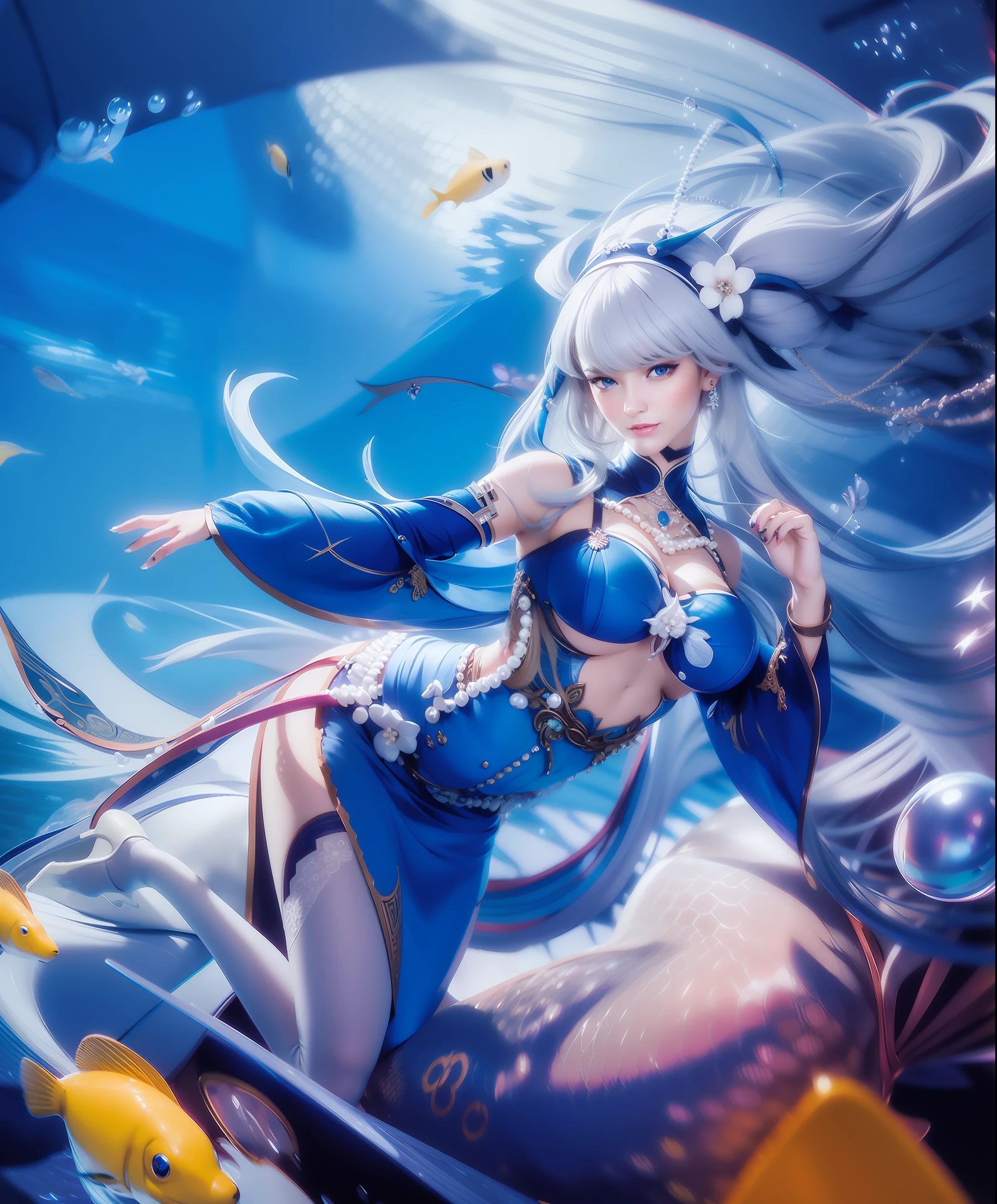 Woman, beautiful face, smile, blue eyes, Sexy blue dress, long white hair with perfect pearl necklace, ultra realistic, photorealistic, masterpiece, detail, Under the sea, perfect face, high heels