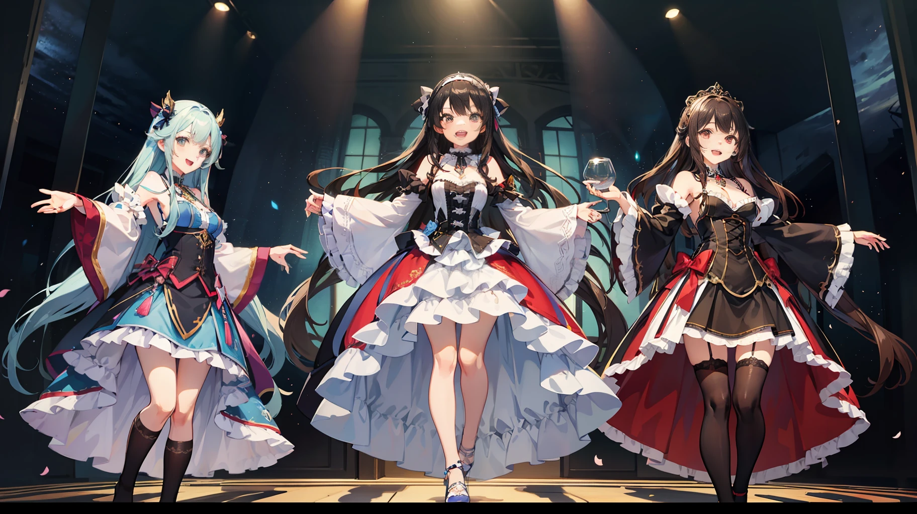 three women on stage,skirts,Gothic ta,Idol costumes,Dancing,titts,tall of a person,short of a person,Cute face,slant eyes,drooping eyes,Thin eyebrows,Open mouth,Smiling,Medium hair,Semi-Long Hair,Long hair,Straight Hair,Wave Hair,indoor,Anime Style,masterpiece, extremely fine and beautiful,illustration