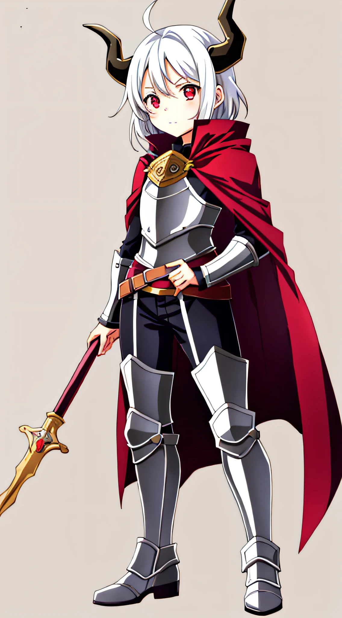 (masterpiece, best quality), Anime, red eyes, white hair, pig tail hair, bangs, child body, black armour, red cape, Horn, front view, 1girl, Fantasy setting, simple colouring, simple background