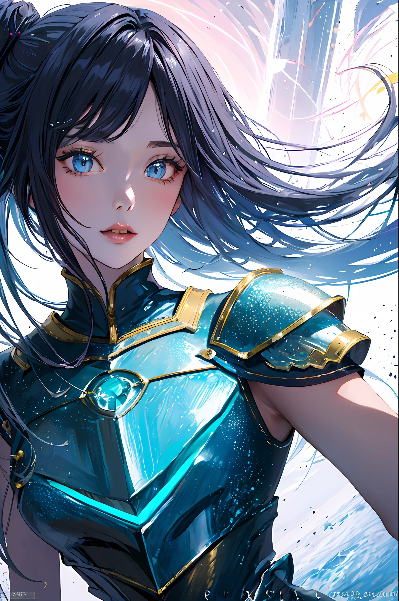 (masterpiece, top quality, best quality, official art, beautiful and aesthetic:1.2), cateyes,1girl, solo, armour, magic, light particles, upper body, extreme detailed, highest detailed, optical mixing, playful patterns, lively texture, unique visual effect