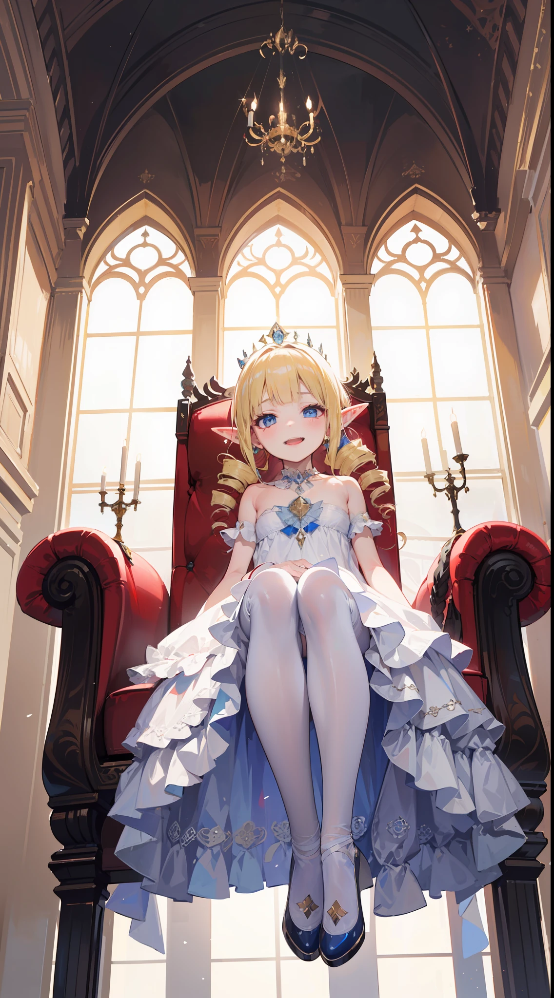 best qulity,The Masterpiece,ultra-highresolution,Elven Palace,(From below),diadem,Long white dress,1 ,(8 years old lighting,(((twin drills))),blonde hair,Blue eyes,Female imps,Laughing mockingly,sitting on an royal throne,Jirou legs,Long white stockings,