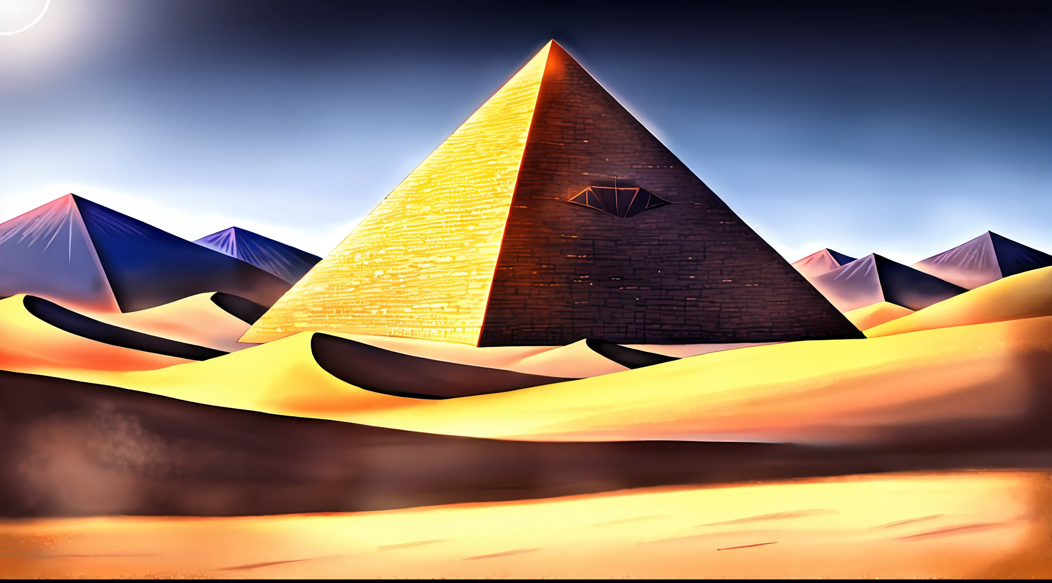 "Create a breathtaking Anime artwork capturing a serene desert scene with a 1 pyramid beneath a vibrant blue sky."
