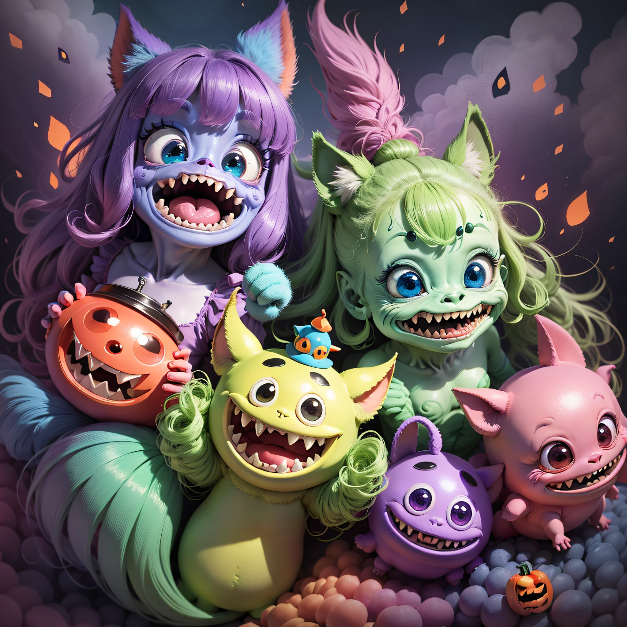 "Cute Monsters": A cute and whimsical illustration featuring friendly monsters in vibrant colors, with silly expressions and playful interactions, ideal for a light-hearted and ???-friendly Halloween, Ultra realism, color field printing, high detail, UHD, 8k, anatomically correct, cinematic lighting 4d quality --auto --s2