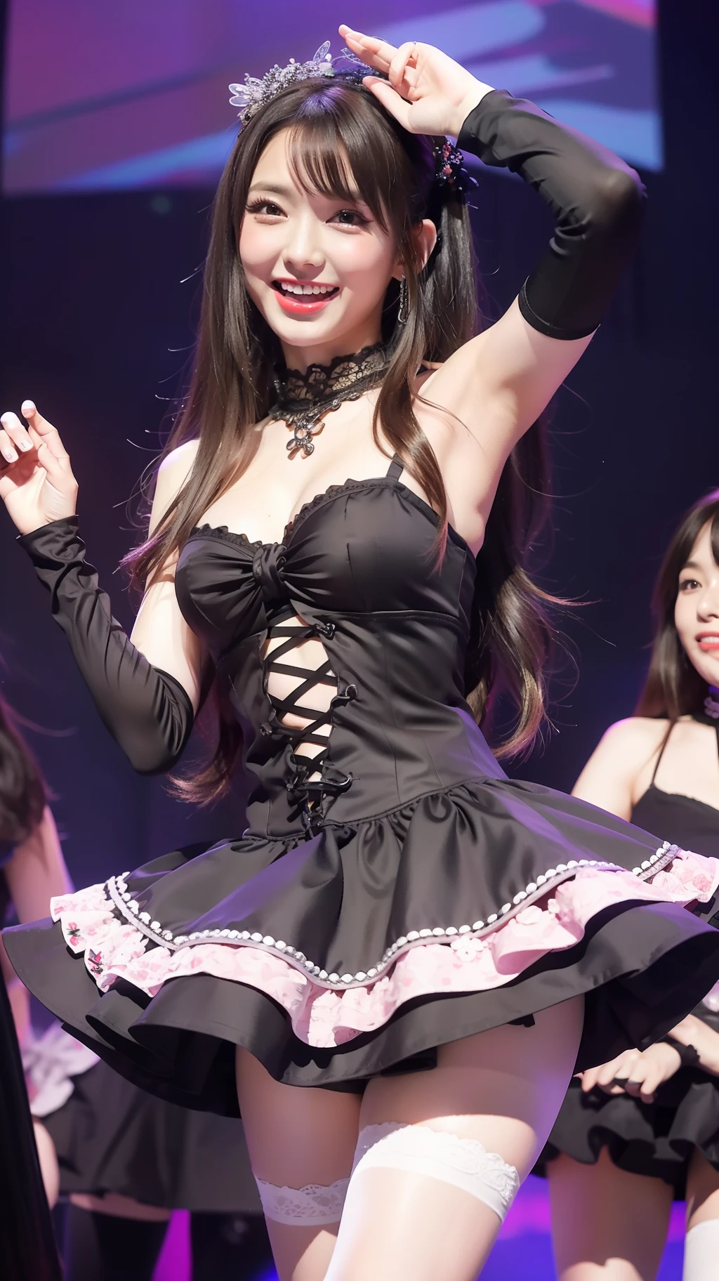 three women on stage,skirts,Gothic lolita,Idol costumes,Dancing,titts,tall of a person,short of a person,Cute face,slant eyes,drooping eyes,Thin eyebrows,Open mouth,Smiling,Medium hair,Semi-Long Hair,Long hair,Straight Hair,Wave Hair,indoor,Anime Style,masterpiece, extremely fine and beautiful,illustration