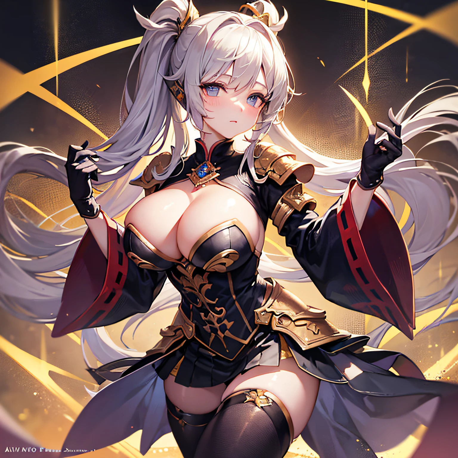 Peerless beauty,Perfect slim body,Mature royal sister face,Double ponytail curls,Knight armor,Sexy and seductive,Nice face,Full body like,4K quality,Feminine expression,Blush shyness,Star-like deep eyes,Huge breasts,short miko skirt,Knife pulling posture。Overflowing bust,Fight Warcraft,speed lines,the best quality t,master-piece,Magnificent background,On the battlefield,Clothes are broken