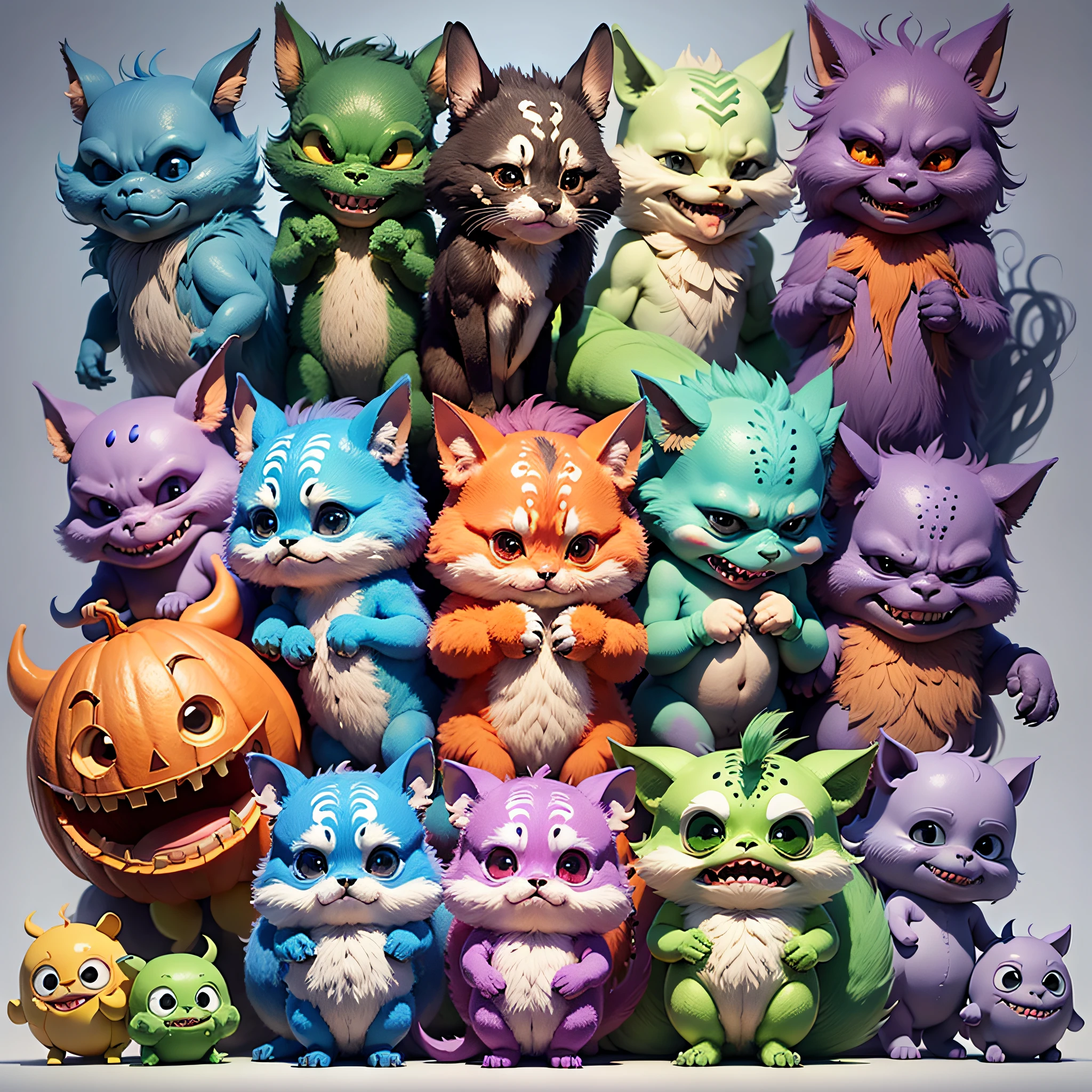 "Cute Monsters": A cute and whimsical illustration featuring friendly monsters in vibrant colors, with silly expressions and playful interactions, ideal for a light-hearted and ???-friendly Halloween, Ultra realism, color field printing, high detail, UHD, 8k, anatomically correct, cinematic lighting 4d quality --auto --s2