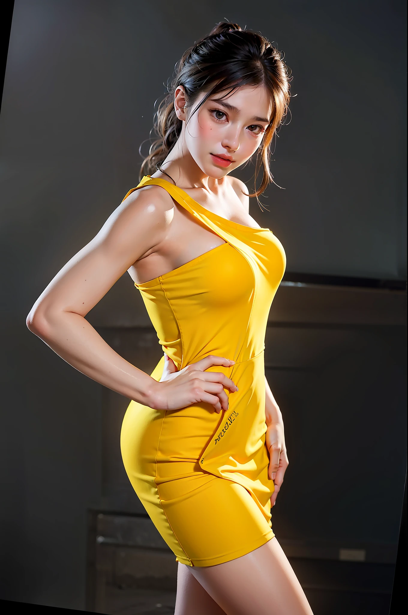 arafed woman in a yellow dress posing for a picture, lady using yellow dress, side pose, wearing a yellow dress, woman model, beautiful yellow woman, elegant yellow skin, tight dress, portrait of modern darna, side-view, side - view, with yellow cloths, full body photoshoot, looking from side, modeling photography, yellow overall, perfect posture, mix4,(64k, RAW photo, best quality, masterpiece:1.2), (realistic, photo-realistic:1.37),1girl,cute,cityscape, night, rain, wet, professional lighting, photon mapping, radiosity, physically-based rendering,, gradient black colour hair, black hair, short curly hair, girl, white ball suit, top quality picture, high resolution, 1080p, (clear face), (detailed facial description), (detailed hand description), (masterpiece), (exquisite CG), extreme light and shadow, messy hair, master's work, rich details, (fine facial features), (highest quality picture), (masterpiece), (detailed eyes),Look ahead with your eyes,Fine collarbone,(huge breast), (squatting pose), (highest hyper realistic:1.3), (highest illustration), (highest resolution), (extremely ultra highest detailed), (best illustration), (beautiful detailed eyes), (ultra highest detailed), (highest masterpiece), (wallpaper), (ultra highest detailed face), (tight abs), (realism photohyperrealistic) , (blushing whitened skin), (Best Quality), (((1 girl))), (hyperrealistic, photo-hyper-realistic:1.37), (ultra-detailed), (cute), (solo), (smile:1.15), (closed mouth) , (beautiful detailed eyes), (((whitened skin))), (skin white), (bright skin), (pretty skin), (fresh skin), (realism photohyperrealistic), (Best Quality), (( big Chest: 1.2)), (bikini: 1.1), (Highly Detailed Face and Skin Texture), (Fine Eyes), (very realistic), (portrait of 20 years old), (perfect beautiful) (face detailed), (cute face), (beautiful eyes), (perfect eyes detailed), (perfect anatomy), (very cute), (64k Resolution), (human hands), (elegant), (detailed hairstyle), (photohyperrealistic), (RAW photo:1.2), (b