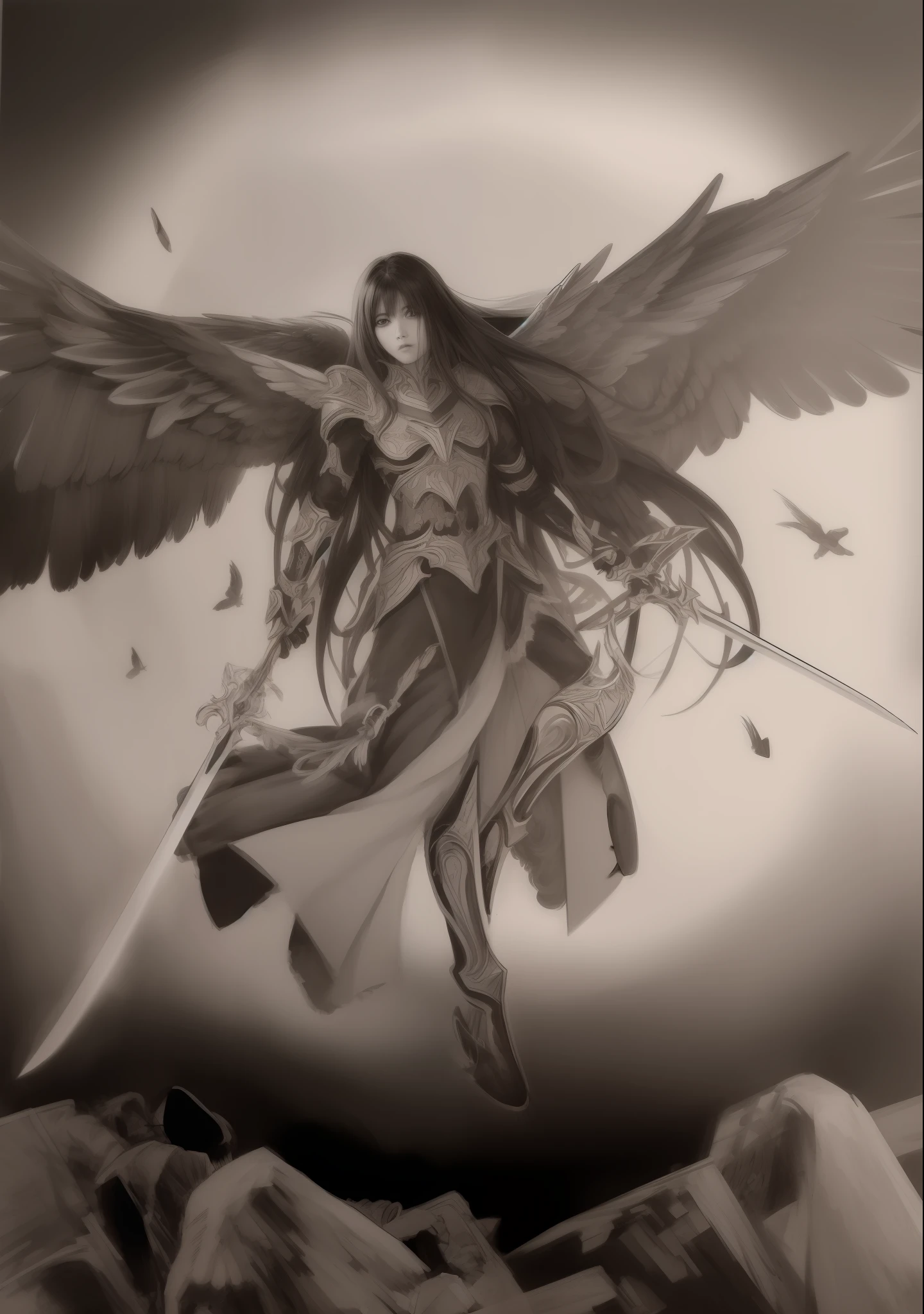 drawing of a woman with wings and a sword in the sky, anjo escuro, O Anjo da Morte, arcanjo, angel knight gothic girl, anjo da morte, Retrato do Anjo da Morte, do cavaleiro do anjo, arte escura altamente detalhada, Arcanjo Miguel, dark angel of coffee, por Yang J, pencil and ink manga drawing, necessidade humana anjo da morte