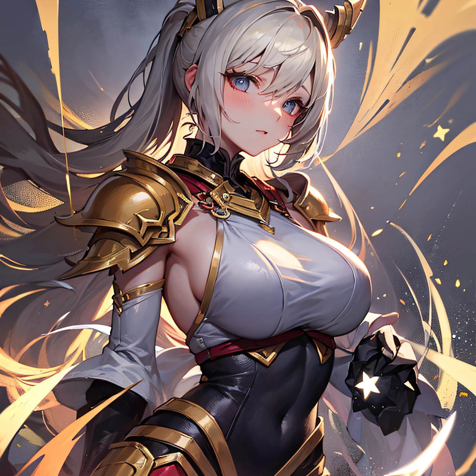 Peerless beauty,Perfect slim body,Mature royal sister face,Double ponytail curls,Knight armor,Sexy and seductive,Nice face,Full body like,4K quality,Feminine expression,Blush shyness,Star-like deep eyes,Huge breasts,short miko skirt,Knife pulling posture。Overflowing bust,Fight Warcraft,speed lines,the best quality t,master-piece,Magnificent background,On the battlefield,Clothes are broken