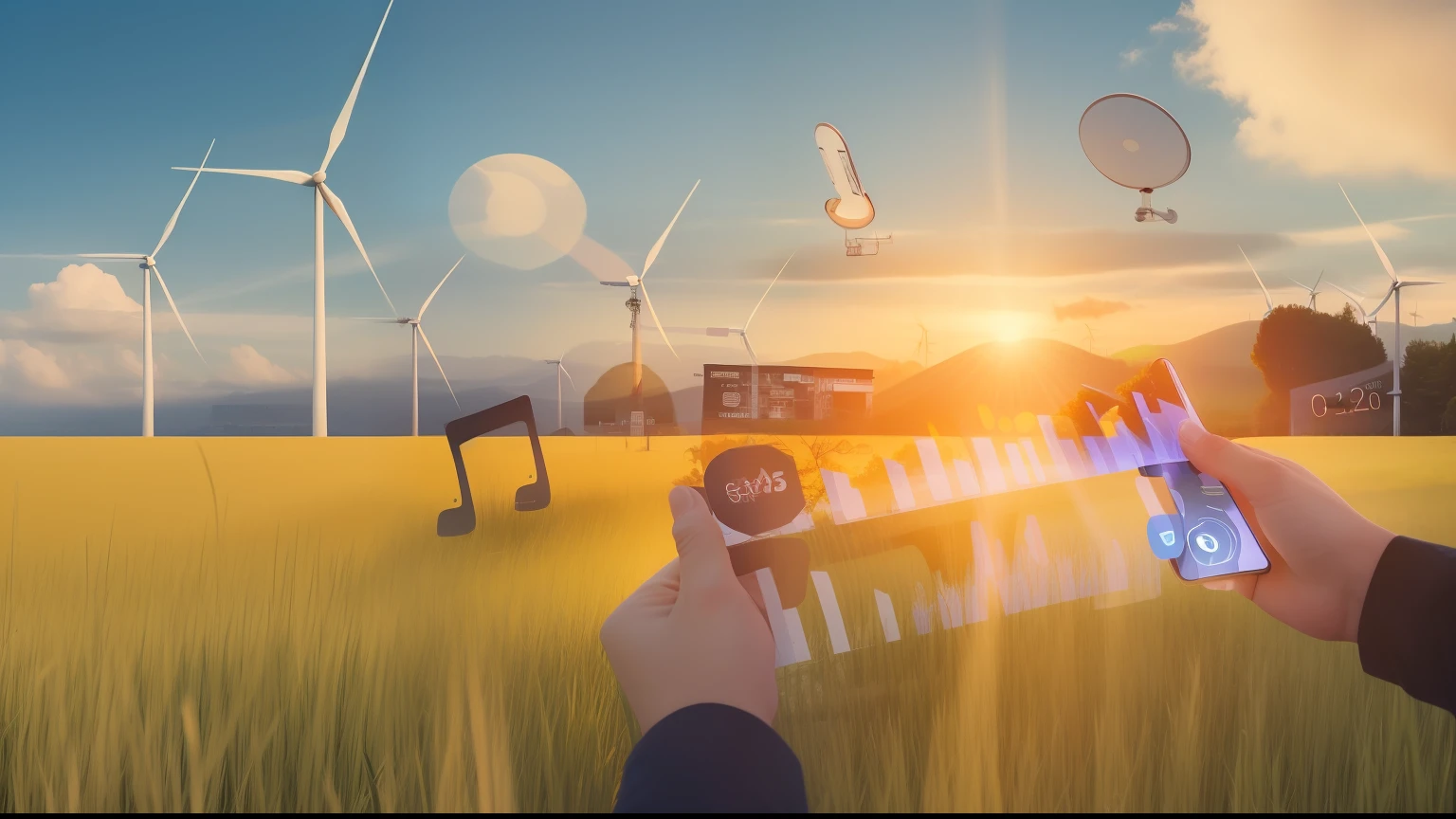 Someone is holding a tablet,Green fields and wind turbines in the background, Sunny environment, Simple illustration, high-tech environment, istockphoto, 2030, green technology, istock, technology and nature in harmony, 2040, technology vs nature, bright sunny day, high quality stock picture, high quality image”, bright sunny summer day