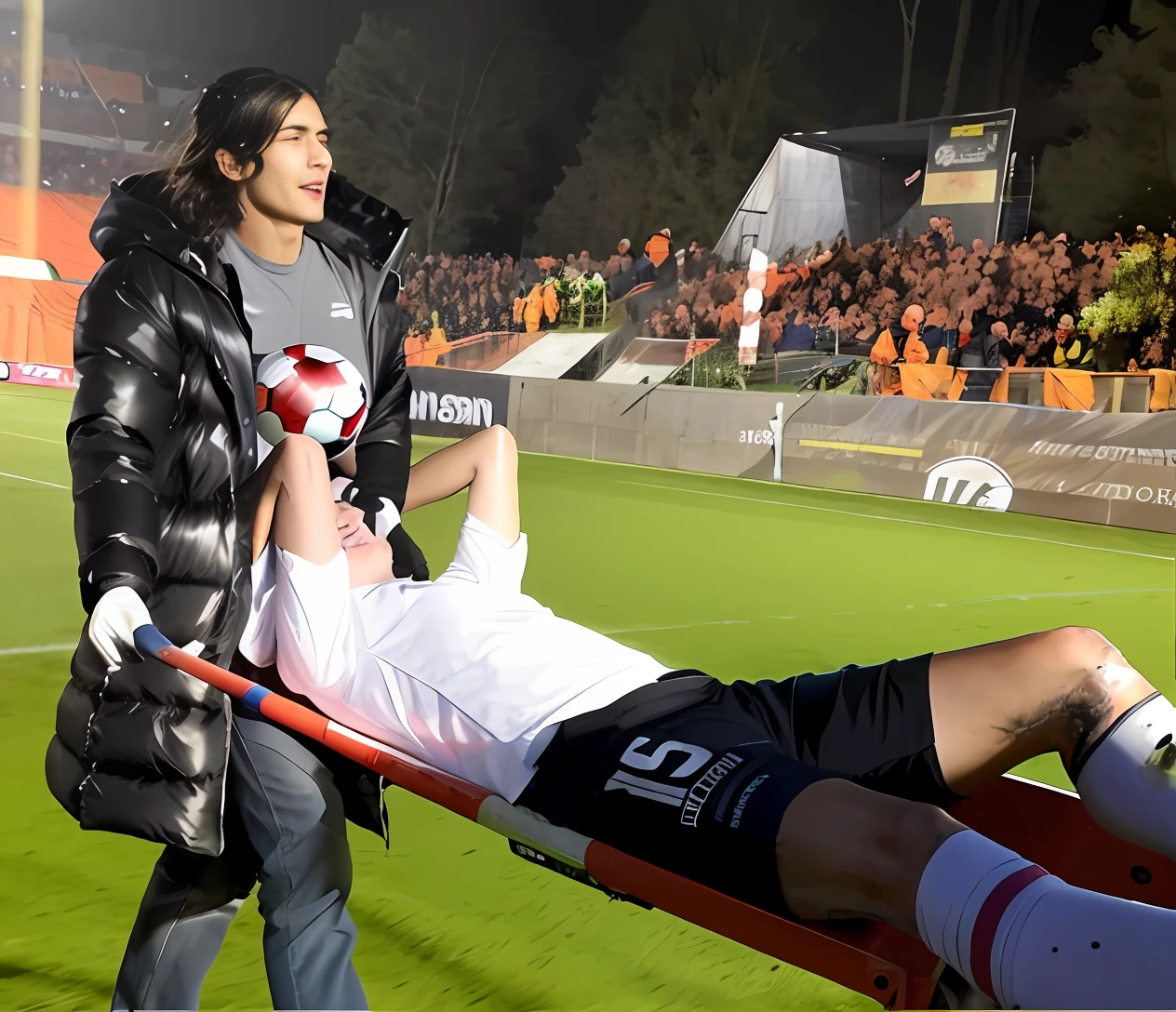 there is a male soccer player in short sportswear lying injured on a stretcher, there is an injured sportsman who is covering his face on a stretcher, an injured sportsman is covering his face with his hands, an injured sportsman is writhing ecstatic in pain on a stretcher, dramatic pity pose, there is a very female woman in a high-shine coat, a high-shine black wetlook coat, a long shiny coat, a wetlook glossy coat, a wet black laquered coat, a very female looking wife is wearing a wetlook coat, injured, medic, soccer action pose, affection pose, lecherous action pose, dramatic action pose, theatralic pose, there is an attractive woman that is carrying a suffering man on a stretcher, there is a beautiful woman in a shiny coat who is carrying a blond man on a wet orange stretcher, a longhaired beautiful woman in a high-shine coat, a longhaired woman in a shiny downcoat, a woman is carrying a stretcher with a shorthaired man who is wearing shorts and a t-shirt, a weak man in spots shorts is consciousless and needs to be carried on a wetlook pvc stretcher, a shorthaired man with closed eyes is carried on a stretcher by a longhaired woman, a woman looks very scared and terrified, a consciousless man with closed eyes is suffering very much and has a very painful face, photo, photo shoot, photographed , accident, help, aid, first aid, pity