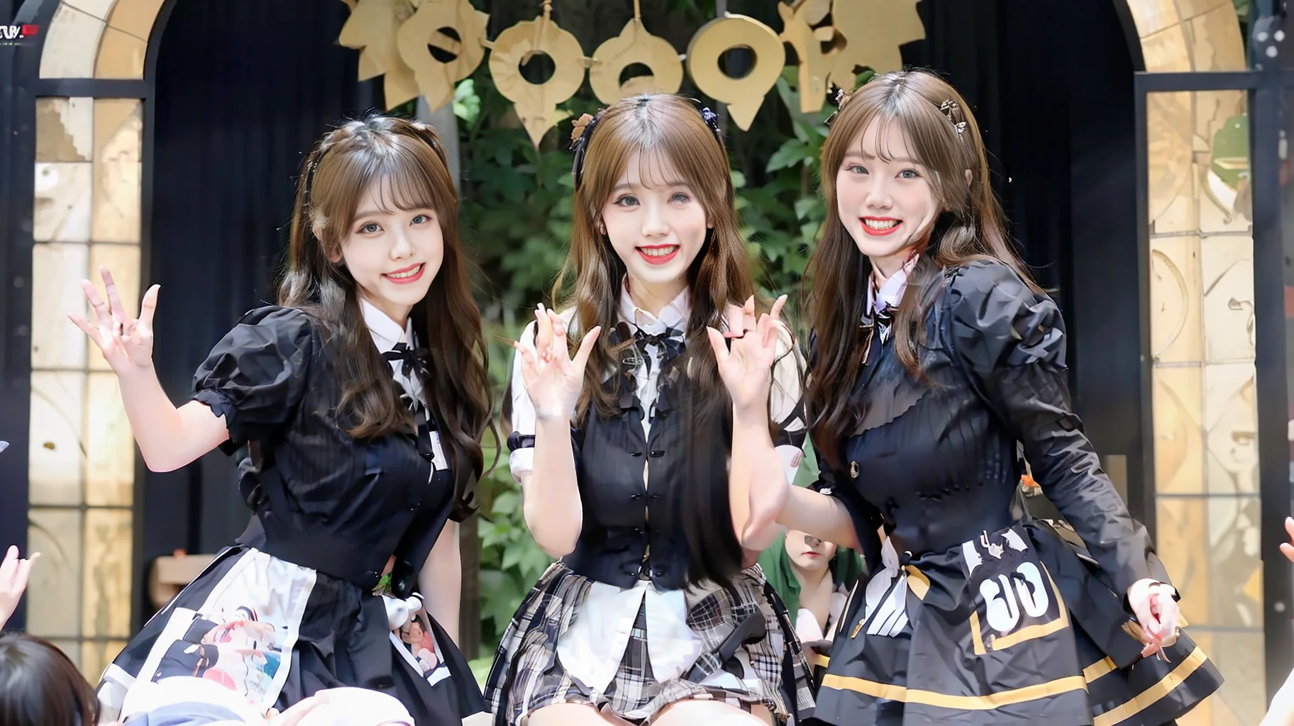 three women on stage,skirts,Gothic ta,Idol costumes,Dancing,titts,tall of a person,short of a person,Cute face,slant eyes,drooping eyes,Thin eyebrows,Open mouth,Smiling,Medium hair,Semi-Long Hair,Long hair,Straight Hair,Wave Hair,indoor,Anime Style,masterpiece, extremely fine and beautiful,illustration