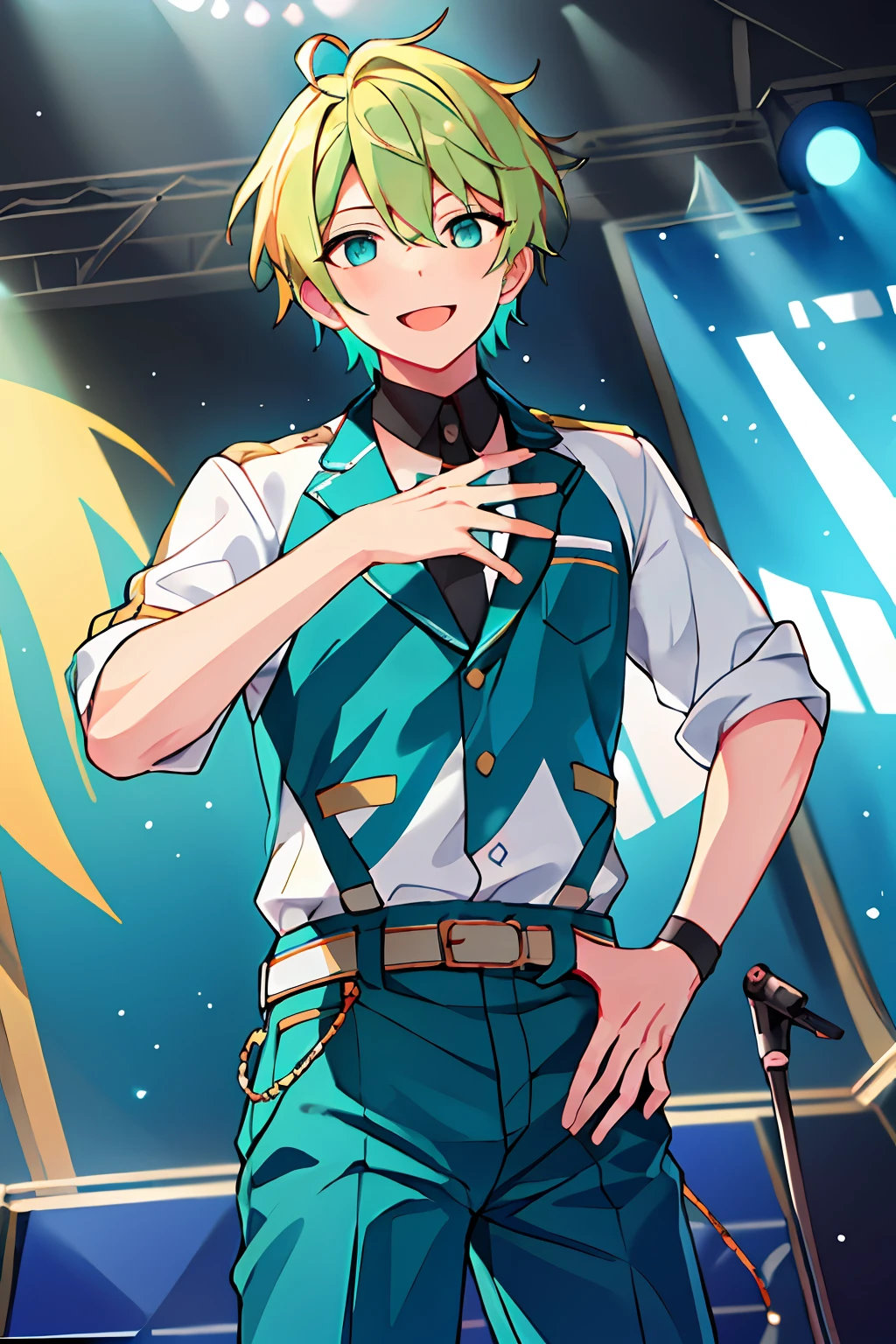(high-quality, breathtaking),(expressive eyes, perfect face), 1boy, male, solo, short, young boy, short greenish blonde hair, teal eyes, smile, teal idol outfit, pants, stage
