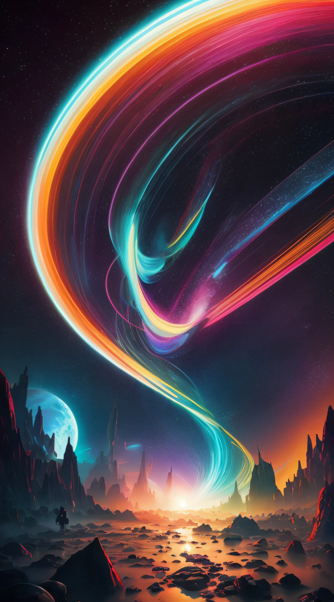 Misty Nebula, artists Victo Ngai, Kilian Eng and Jake Parker, vibrant color lines, award-winning masterpiece, gorgeous richness, Octane rendering, 8K high definition resolution, 4K