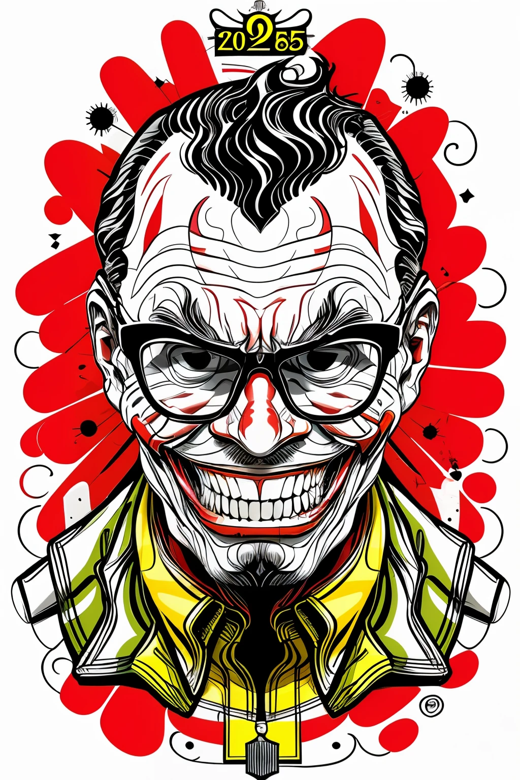 guttonerdvision6, Glasses joker in the style of 0mib, ilustrador, obra-prima, alta qualidade, 8k, Highresolution, alto detalhamento, sorrir