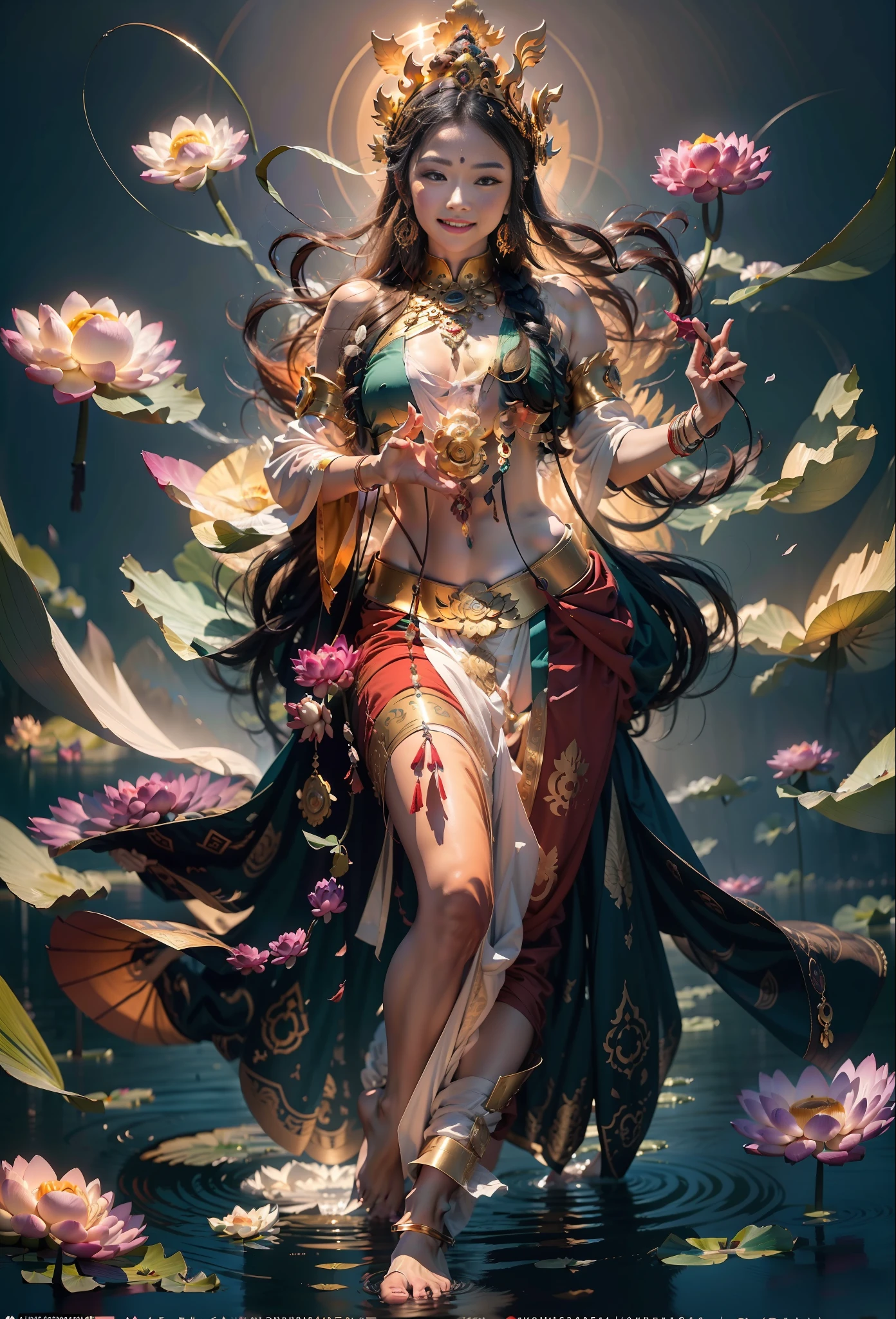 The Masterpiece,ultra-highresolution,The beautiful goddess Bodhisattva stands above the white clouds,Lotus in hand,The corners of his mouth smile slightly,All kinds of yingluo,Barefoot,There is a streamer that hangs down the shoulders,The light is bright and natural,The background is a flat sky,Photographic effects,superclear,