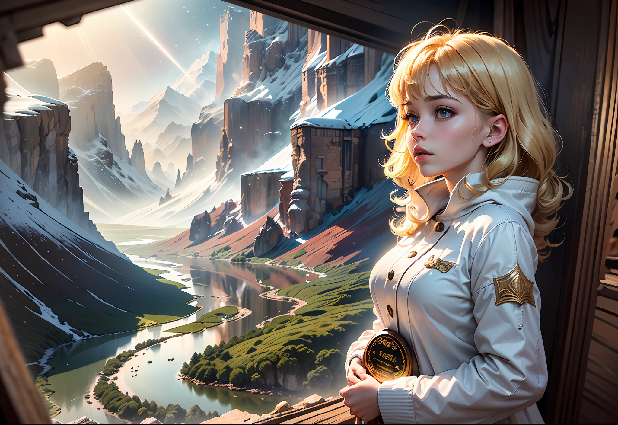 (award winning 64k concept art:1.3) of (young woman looking up standing over the valley:1.2), close to camera,  in white coat, sweet, front, epic, god rays, (masterpiece:1.4), (best quality:1.4), Amazing, highly detailed, beautiful, finely detailed, warm soft color grading, (Depth of field:1.4), extremely detailed 64k, fine art, (valley in the background), stunning, (light reflections:1.2), (crisp:1.6), gold short curls, winter, vibrant, starry sky, (edge detection:1.4), absurdres, impressive, 120mm, extremely clear, lens flare, motion lines, symmetrical clothes, wide shot, wide angle