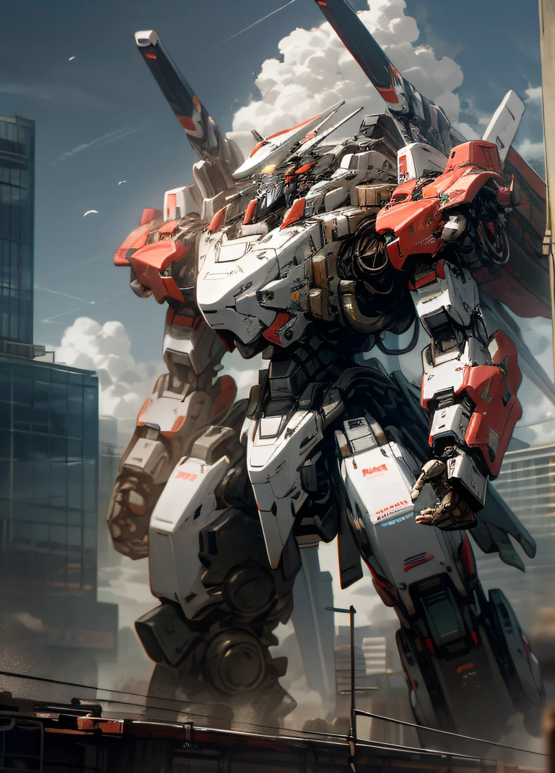 sky, cloud, holding_weapon, no_humans, glowing, , robot, building, glowing_eyes, mecha, science_fiction, city, realistic,mecha
