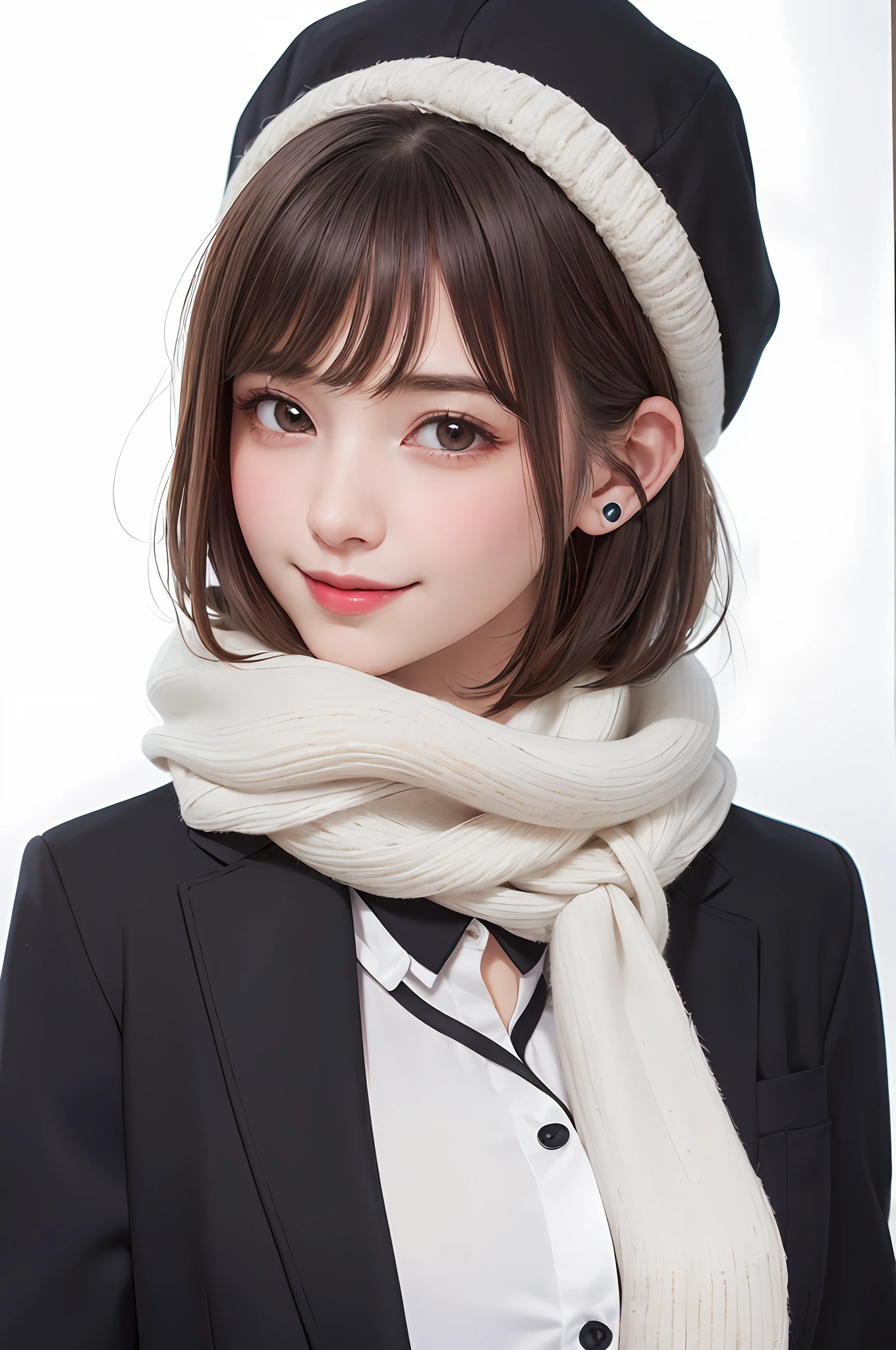 (masterpiece, best quality),1 girl, solo, black hair, scarf, hat, real, real, look at viewer, light colored black eyes, short hair, brown coat, winter clothes, white scarf, lips, bangs, outdoors, closed mouth, upper body, big eyes, eyelashes, (((really nothing background, really pure white background)), (short hair with bangs, big eyes, big breasts, staring at the viewer, beautiful beauty, Ears out, long neck, smile a little, close your mouth and smile))),